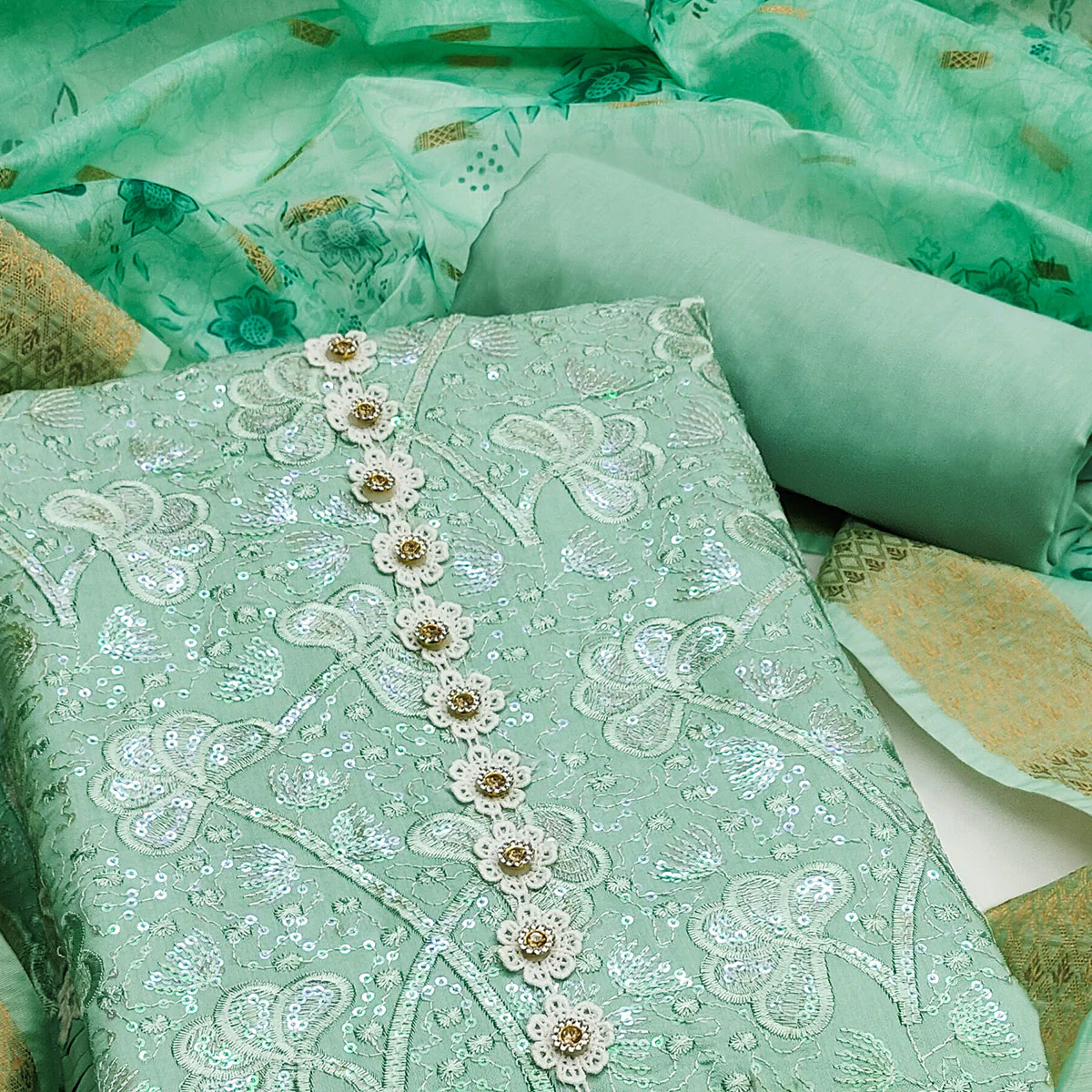 Sea Green Floral Sequins Embroidery Cotton Roman Silk Dress Material - Image 2