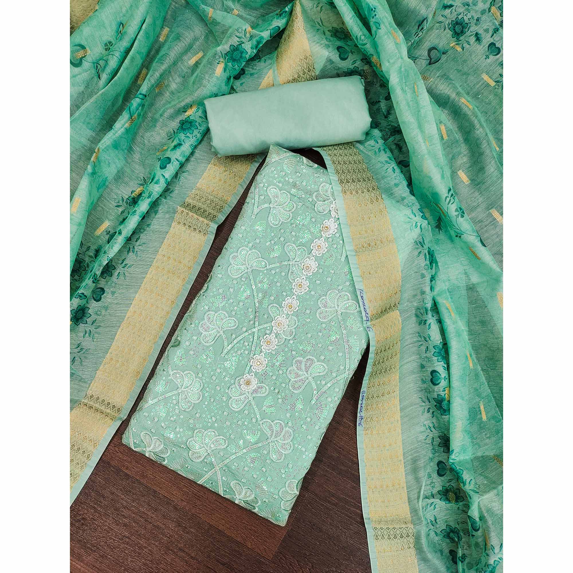 Sea Green Floral Sequins Embroidery Cotton Roman Silk Dress Material - Image 3