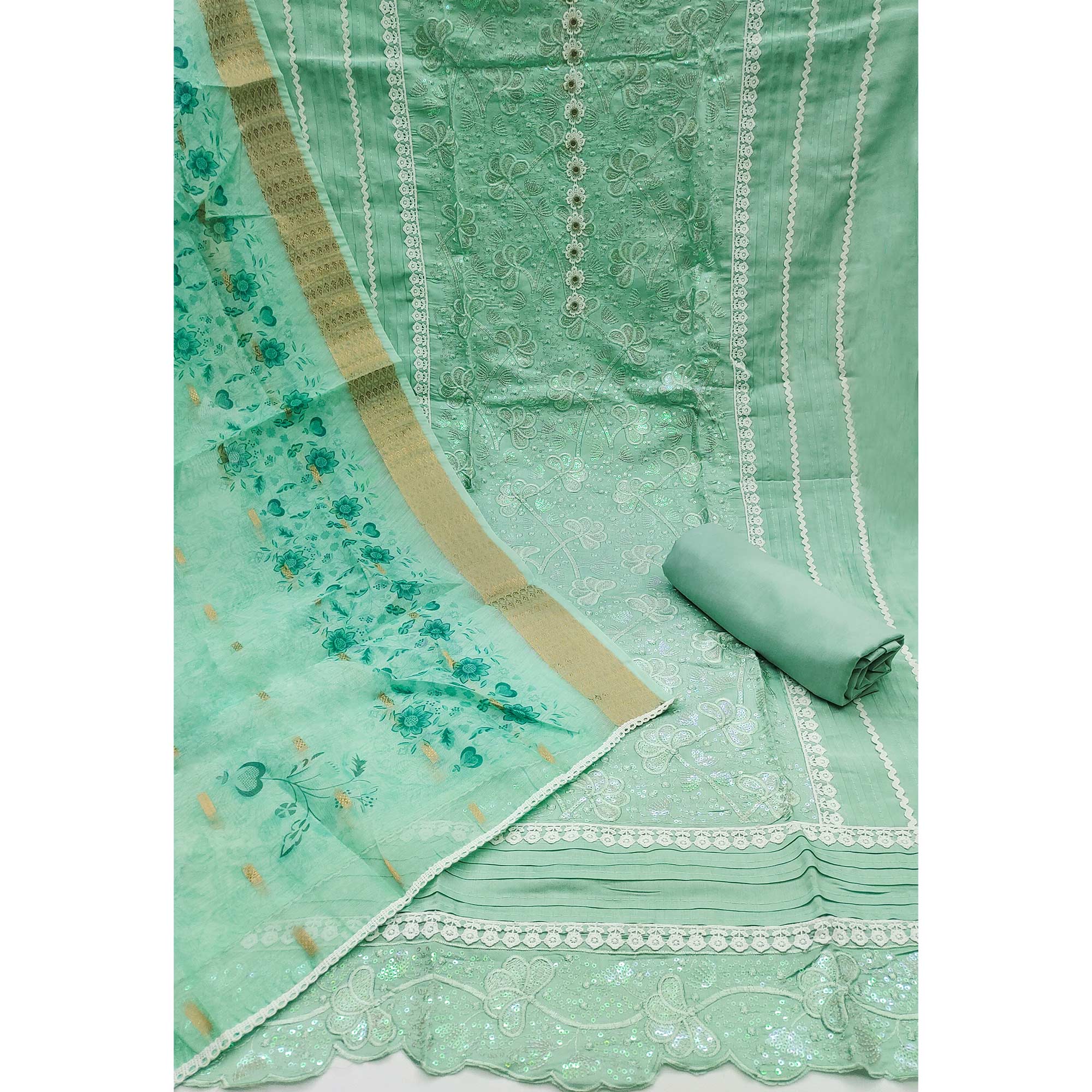 Sea Green Floral Sequins Embroidery Cotton Roman Silk Dress Material - Image 4