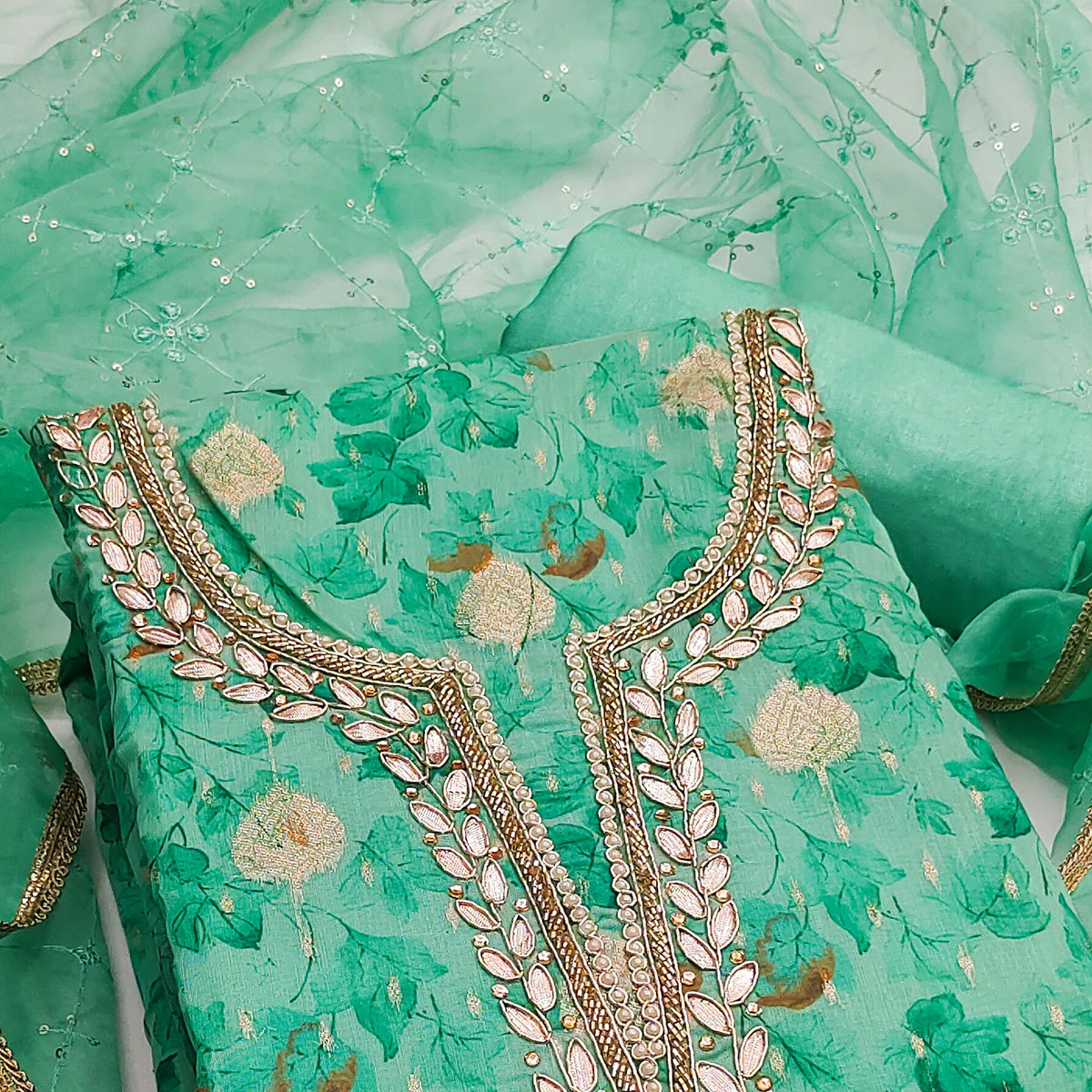 Sea Green Floral Woven With Handwork Viscose Banarasi Dress Material - Image 2