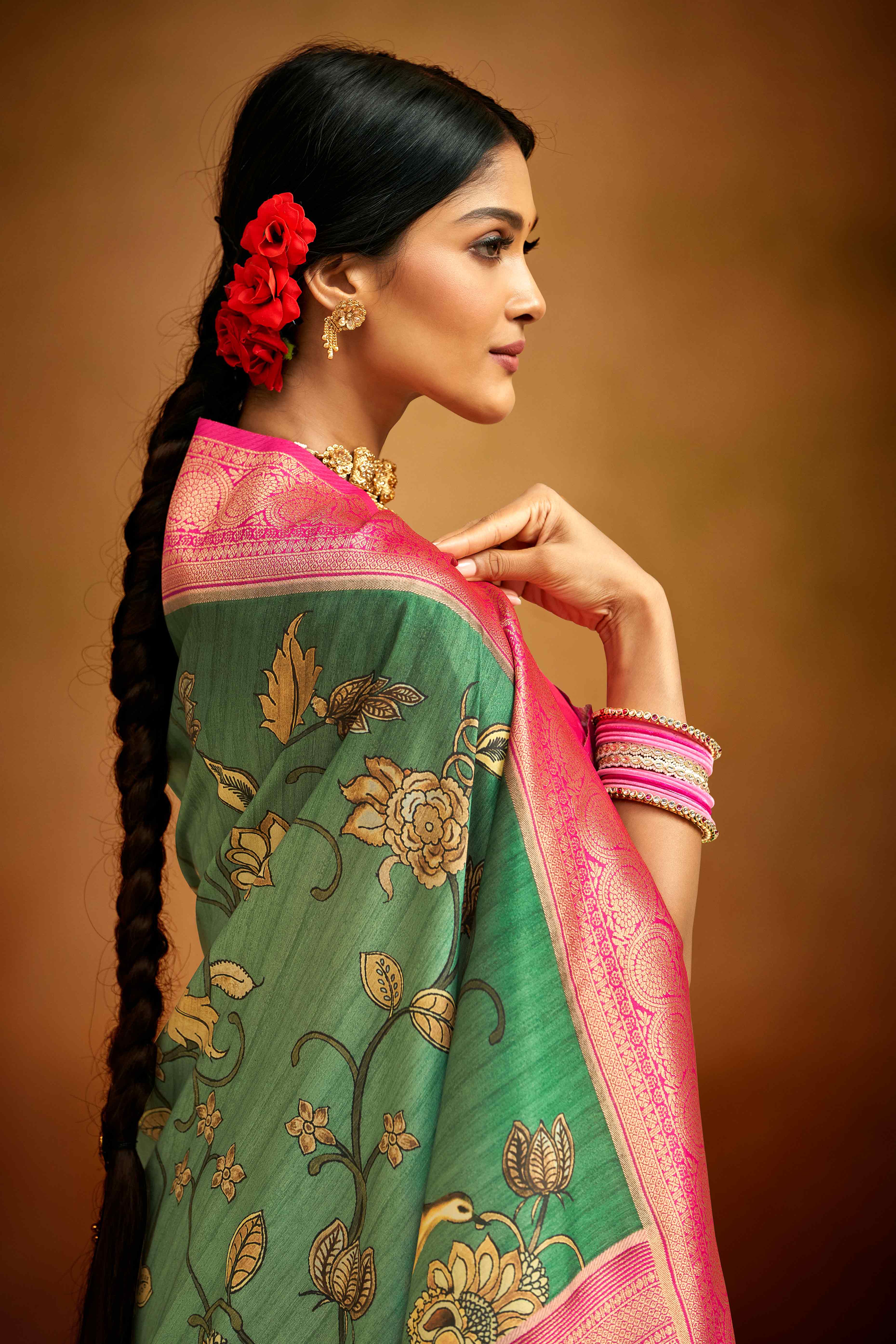 Sea Green Kalamkari Printed Tussar Silk Saree With Banarasi Border - Image 3