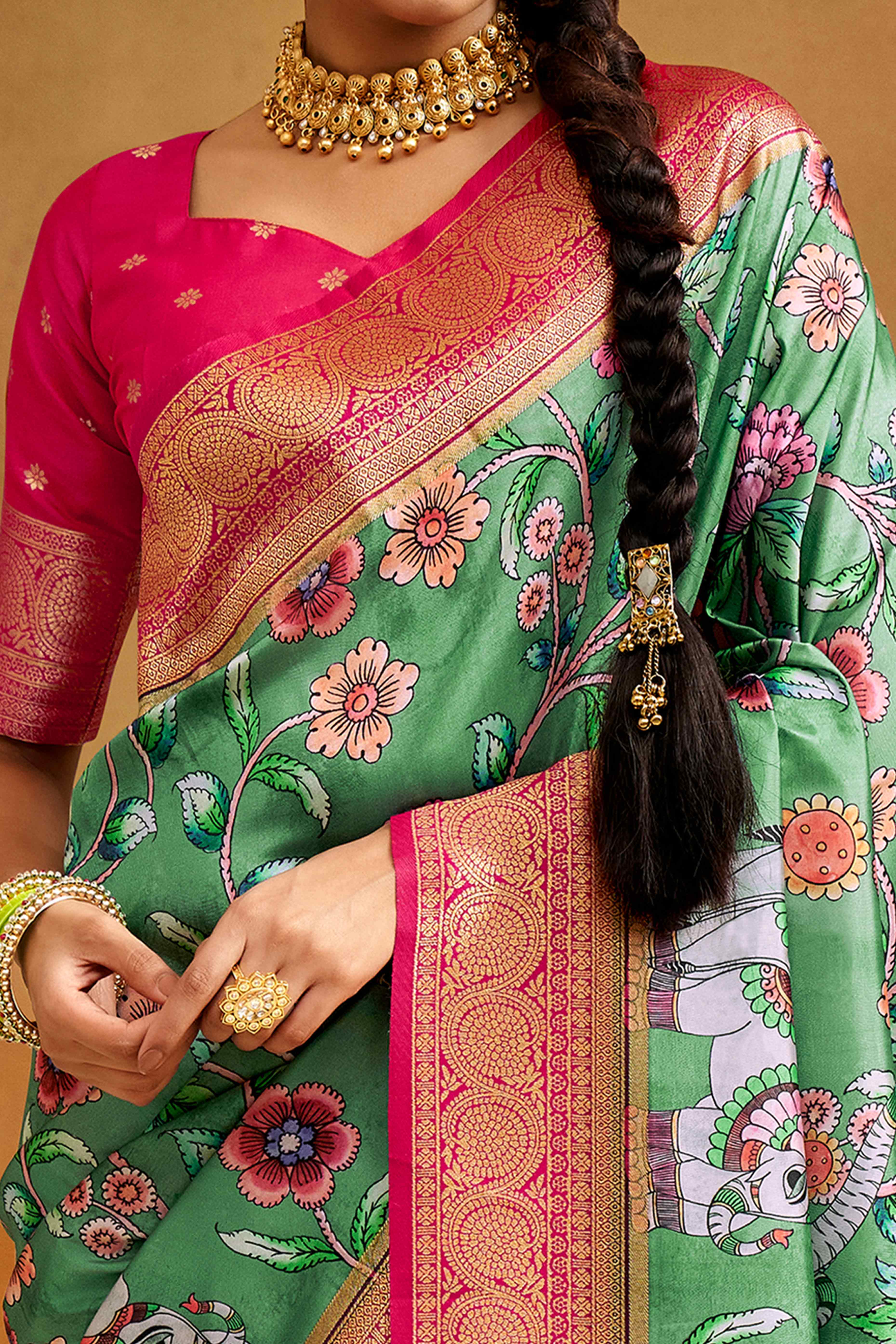 Sea Green Kalamkari Printed Tussar Silk Saree With Banarasi Border - Image 2