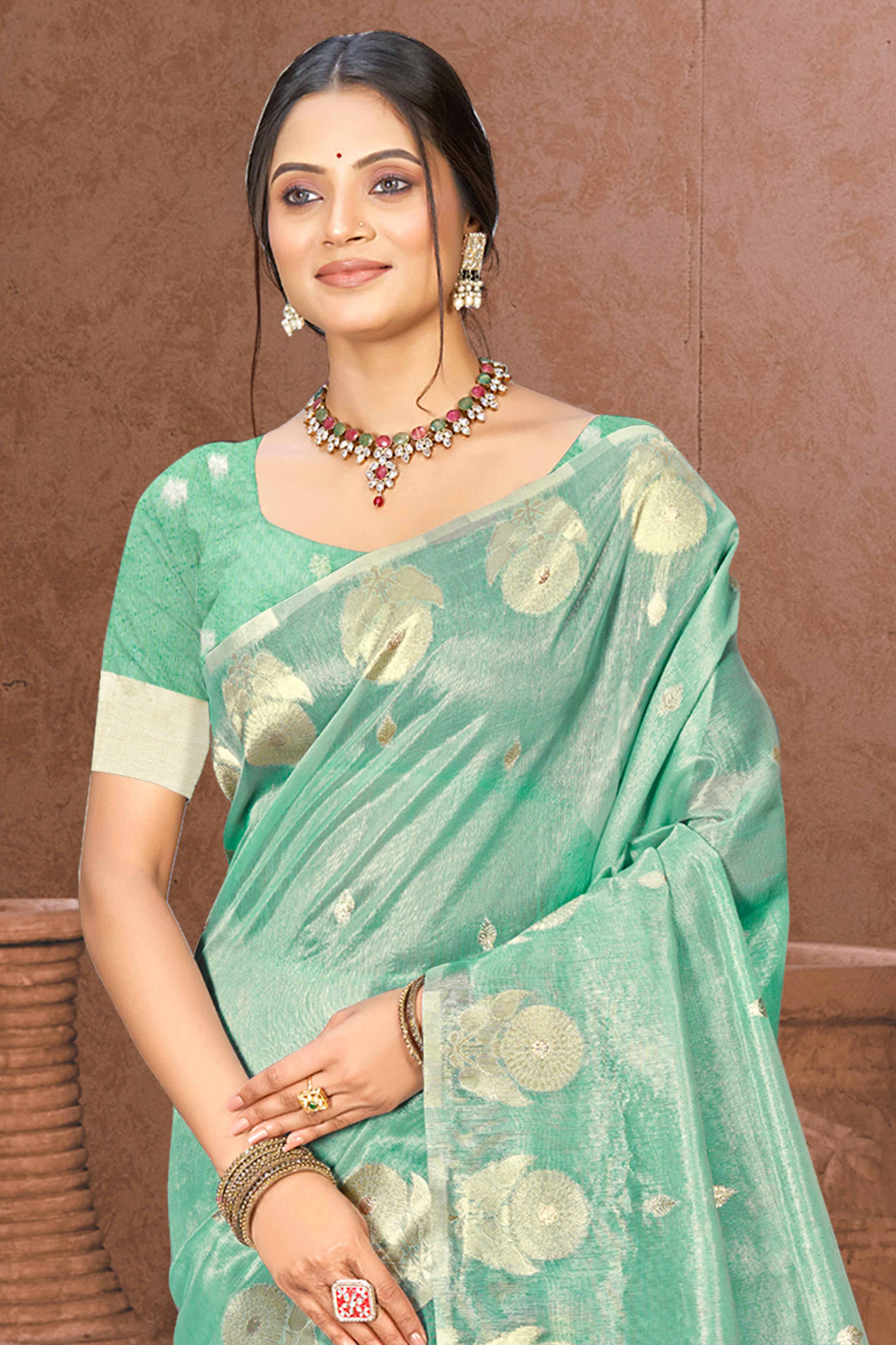 Sea Green Kota Doria Saree with Rich Traditional Zari Woven Borders - Image 3