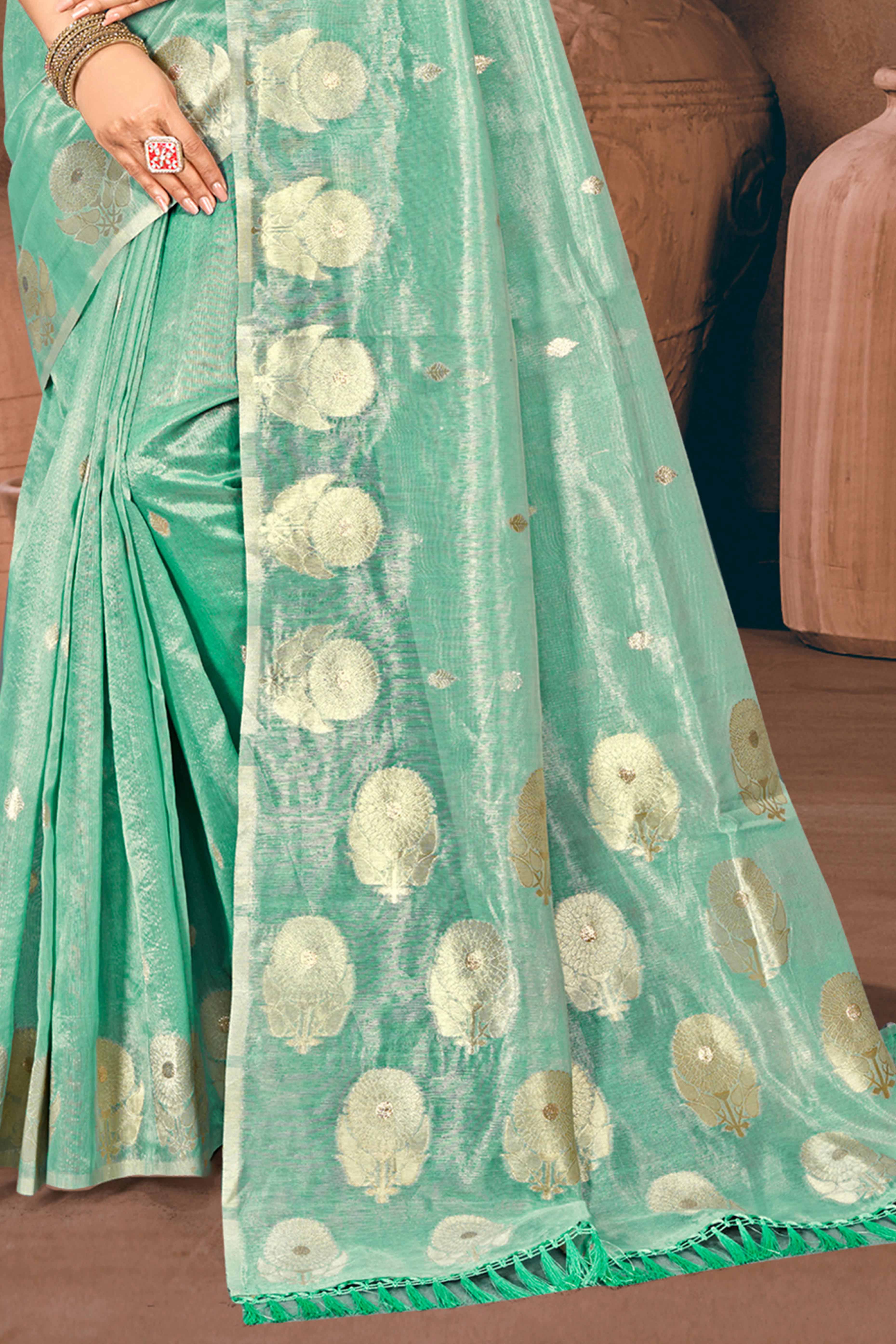 Sea Green Kota Doria Saree with Rich Traditional Zari Woven Borders - Image 4