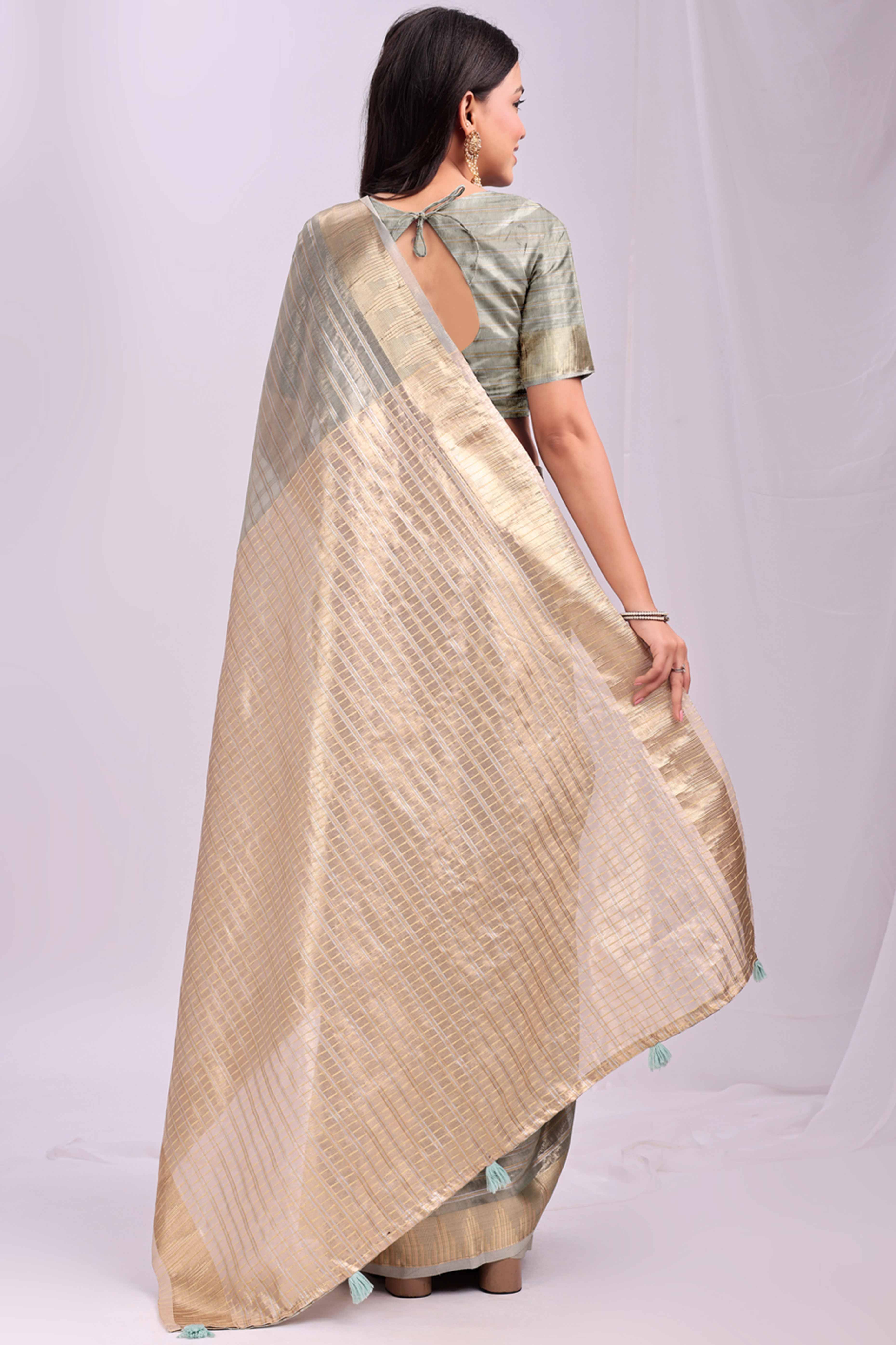 Sea Green Lightweight Organza Saree with Rich Zari Stripes Pattern - Image 5