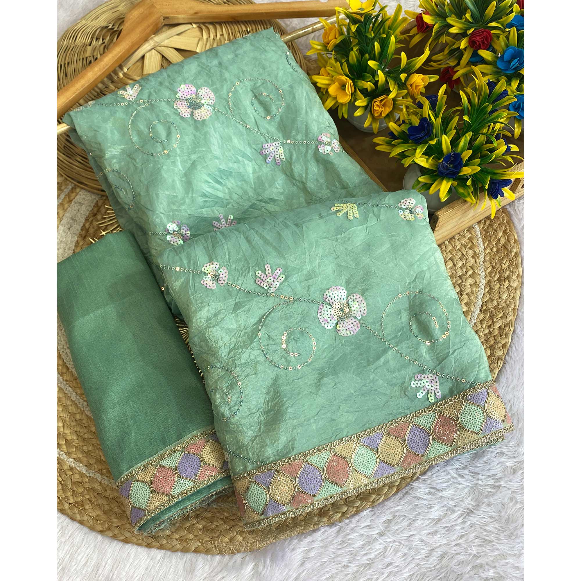 Sea Green Lightweight Tissue Saree with Subtle Yet Elegant Sequins Work - Image 3