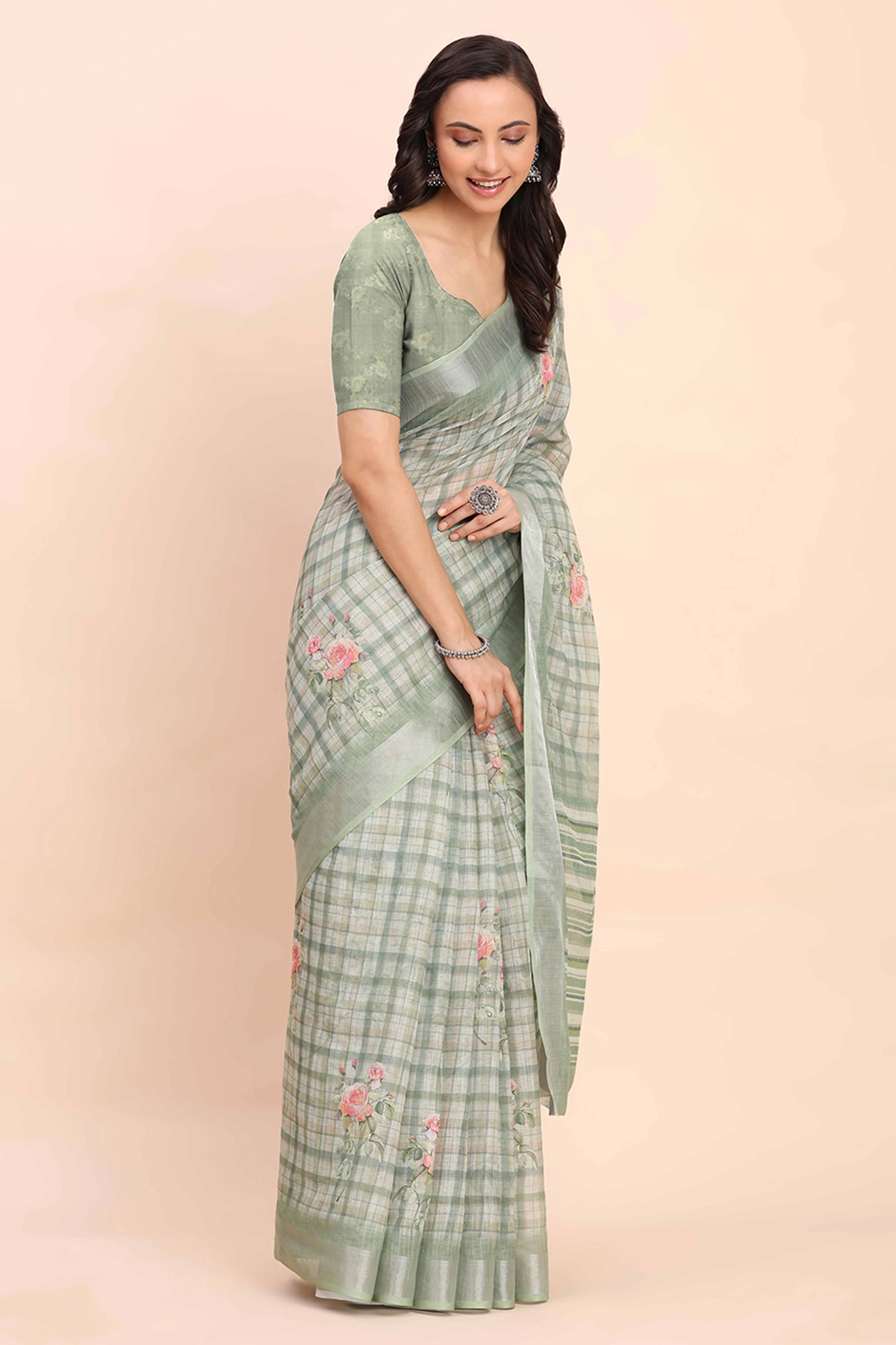 Sea Green Linen Cotton Saree Featuring Floral Prints & Woven Border - Image 4