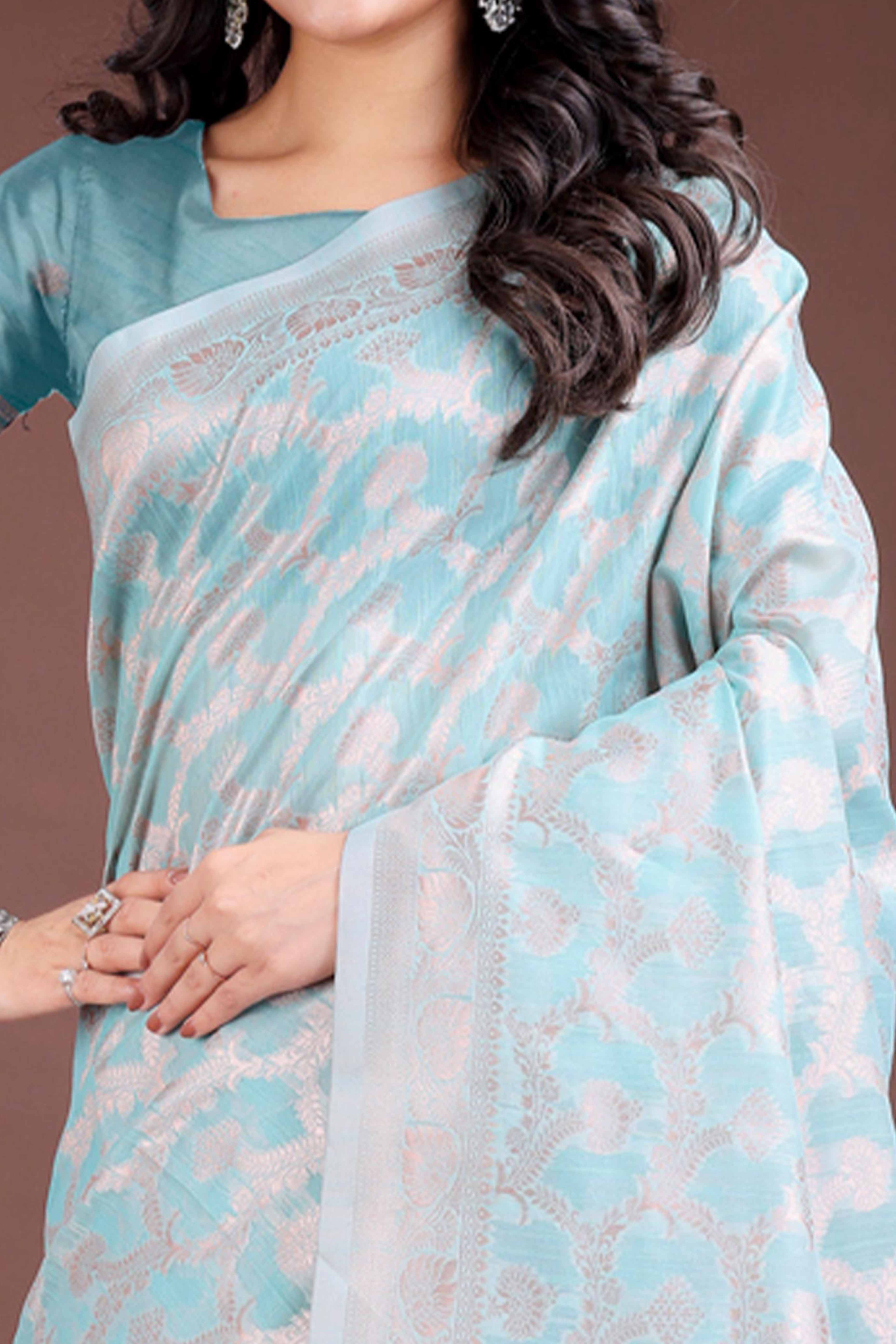 Sea Green Linen Cotton Saree with Lustrous Zari Borders and Elegant Tassel Accents - Image 2