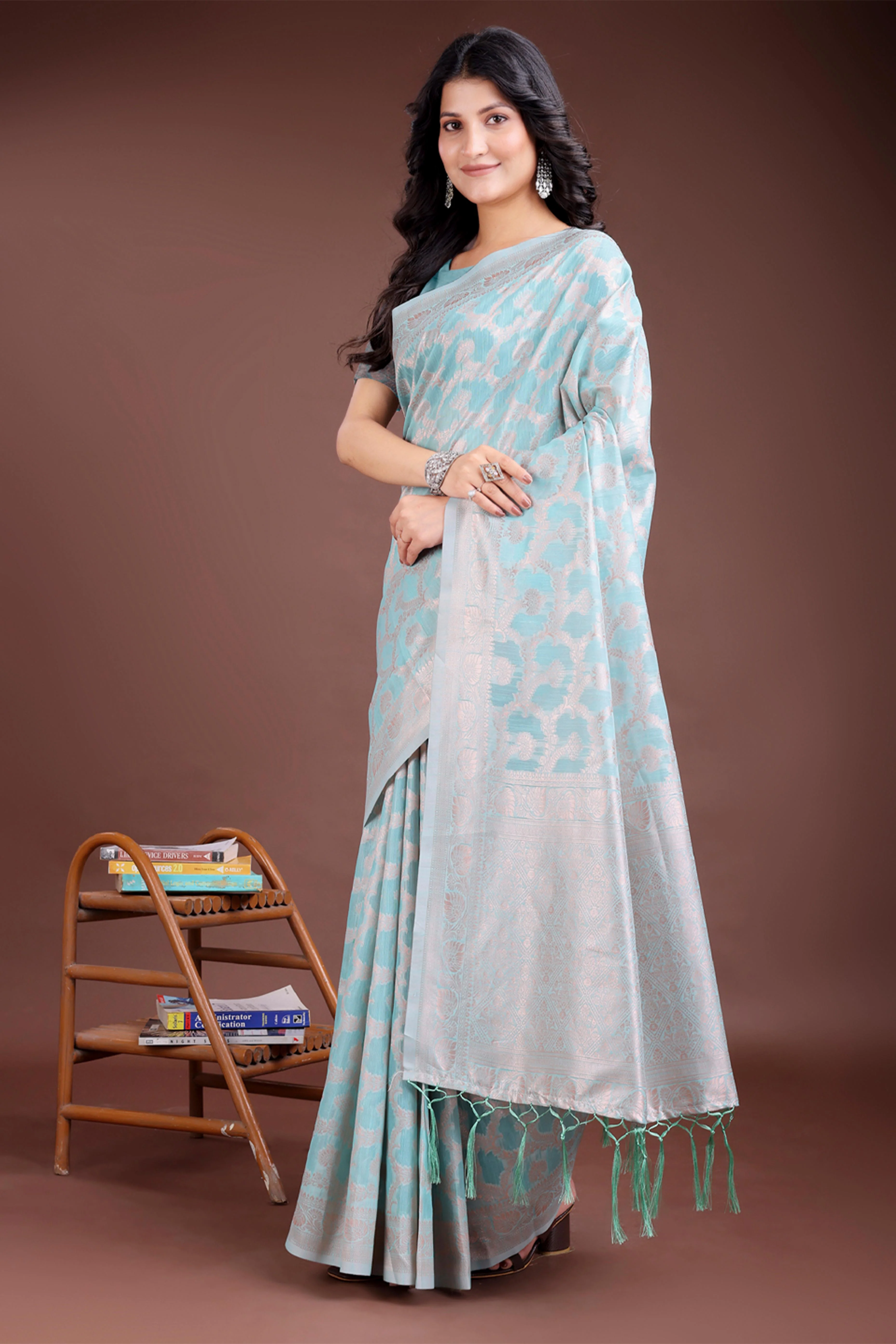 Sea Green Linen Cotton Saree with Lustrous Zari Borders and Elegant Tassel Accents - Image 3