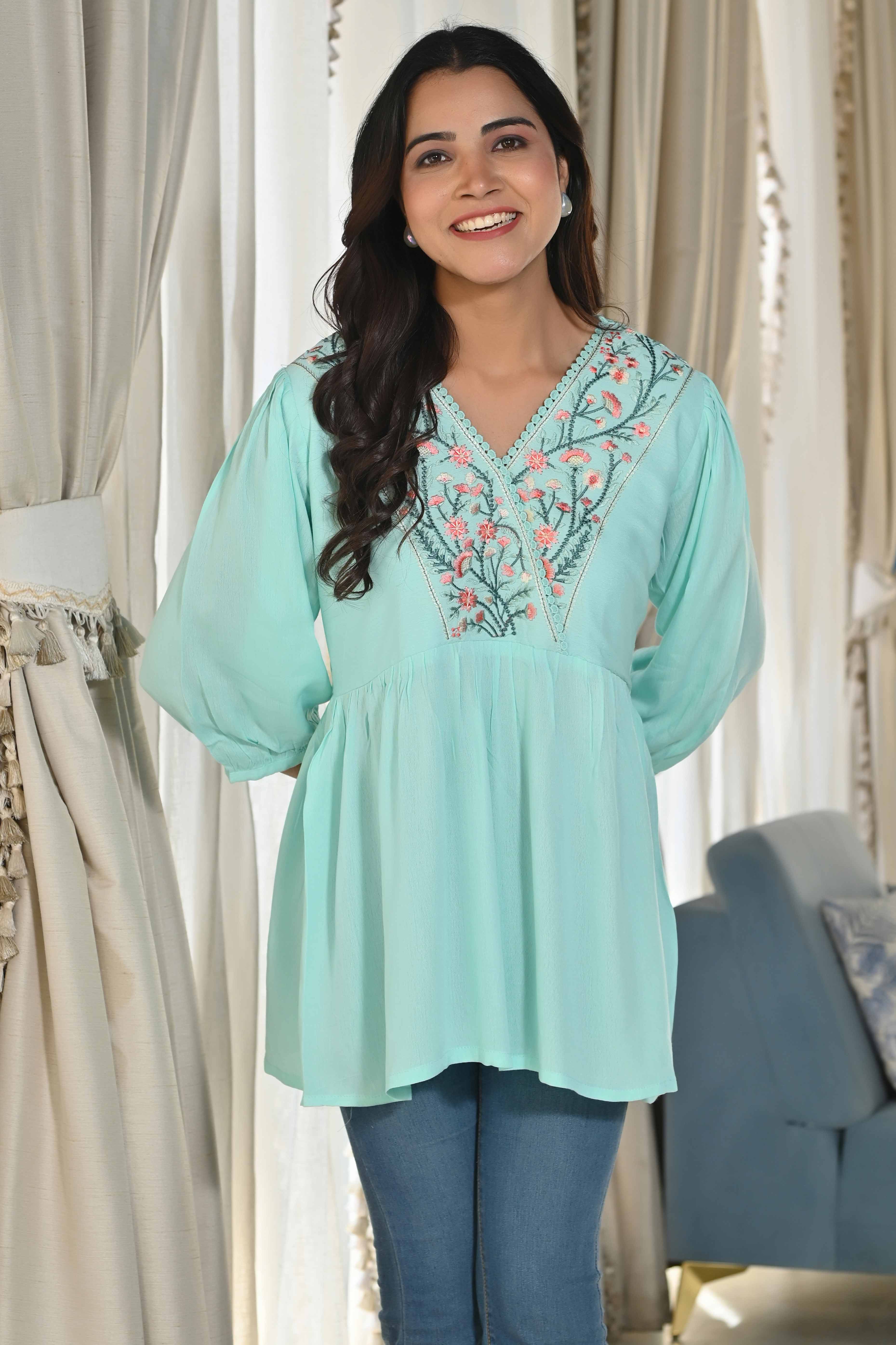 Sea Green Rayon Yoke Embroidered Rayon Rinkle Top - Image 6