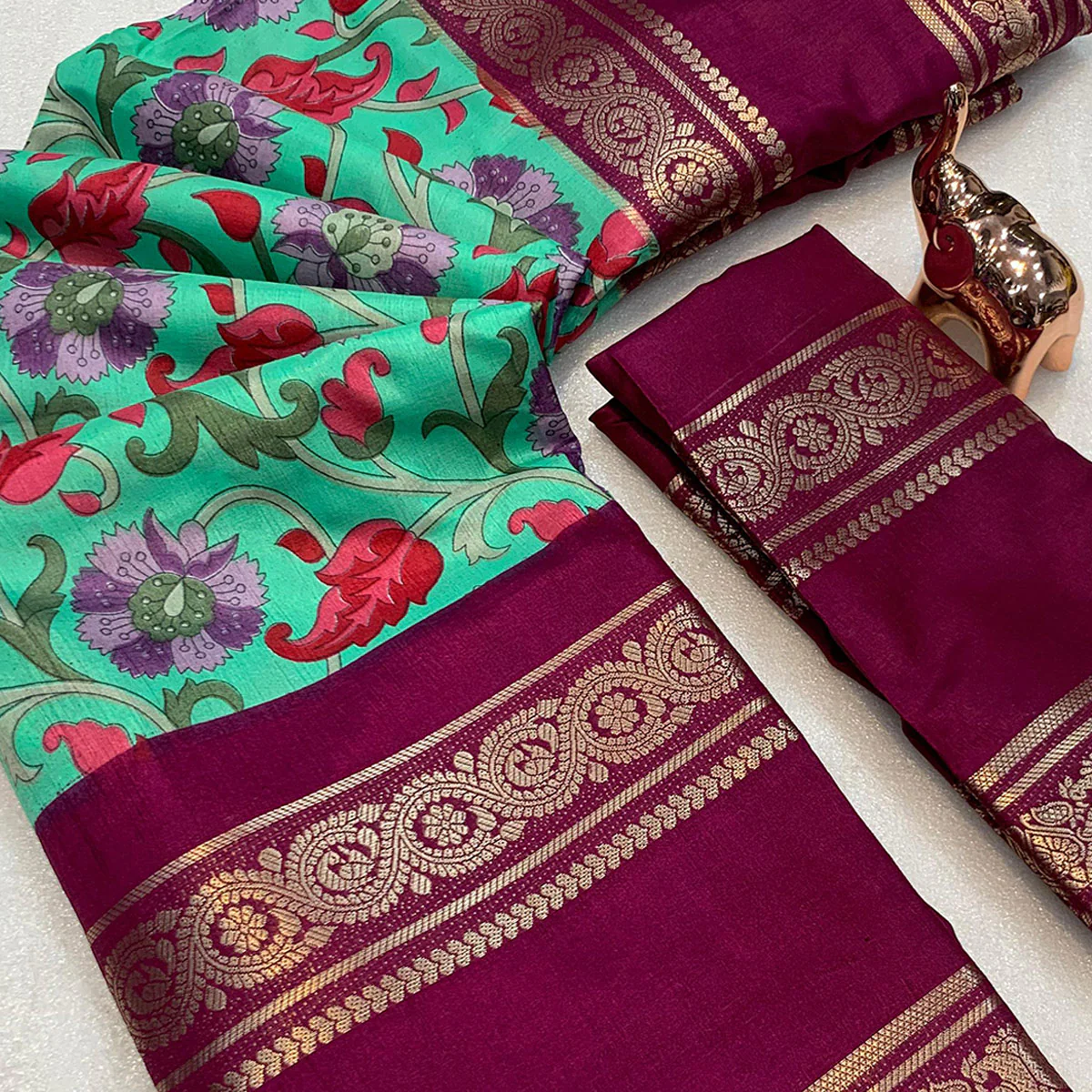 Sea Green Saree In Dola Silk Featuring Floral Kalamkari Print & Rich Jacquard Border - Image 2