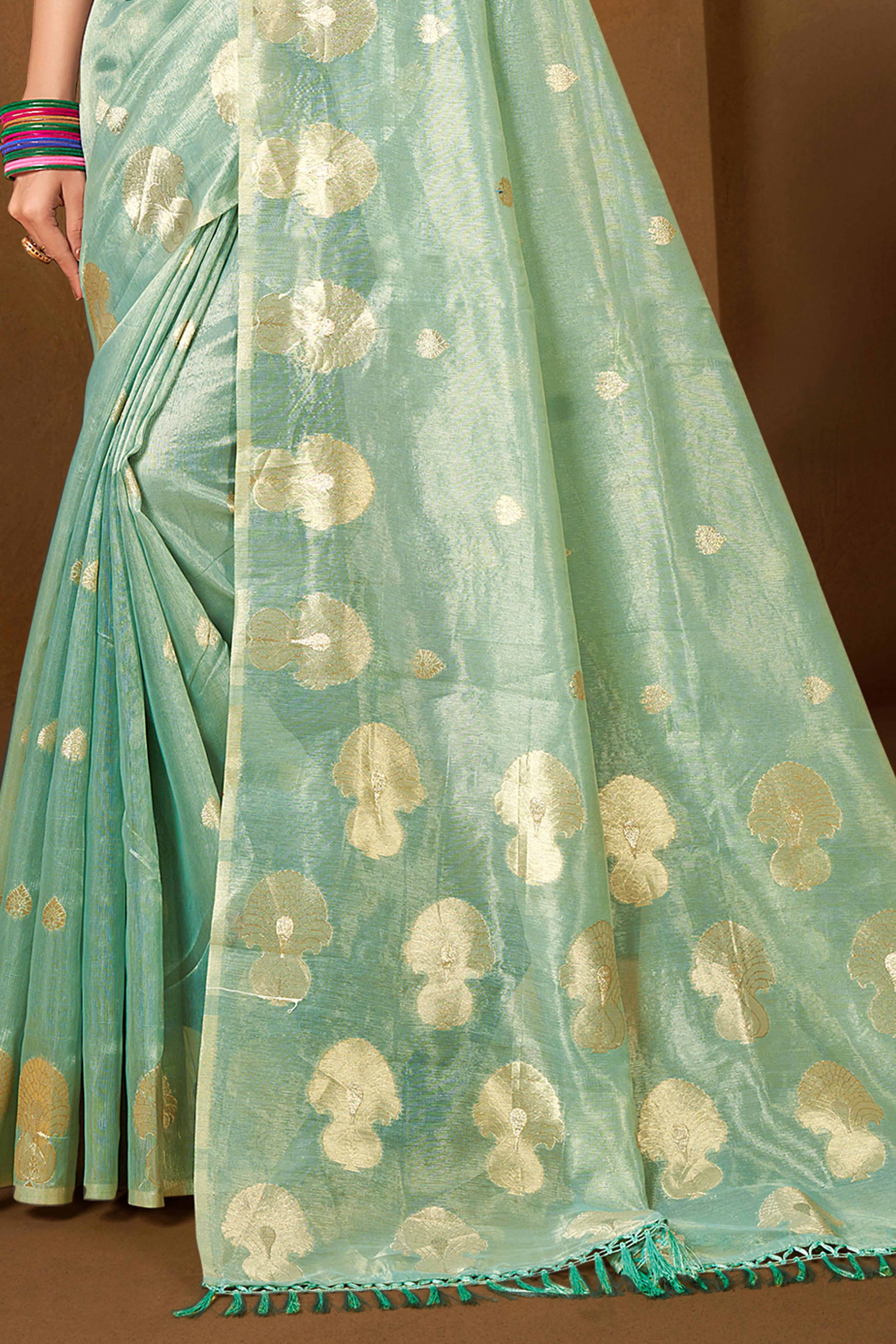 Sea Green Saree in Munga Kota Doria with Traditional Zari Weaving - Image 4