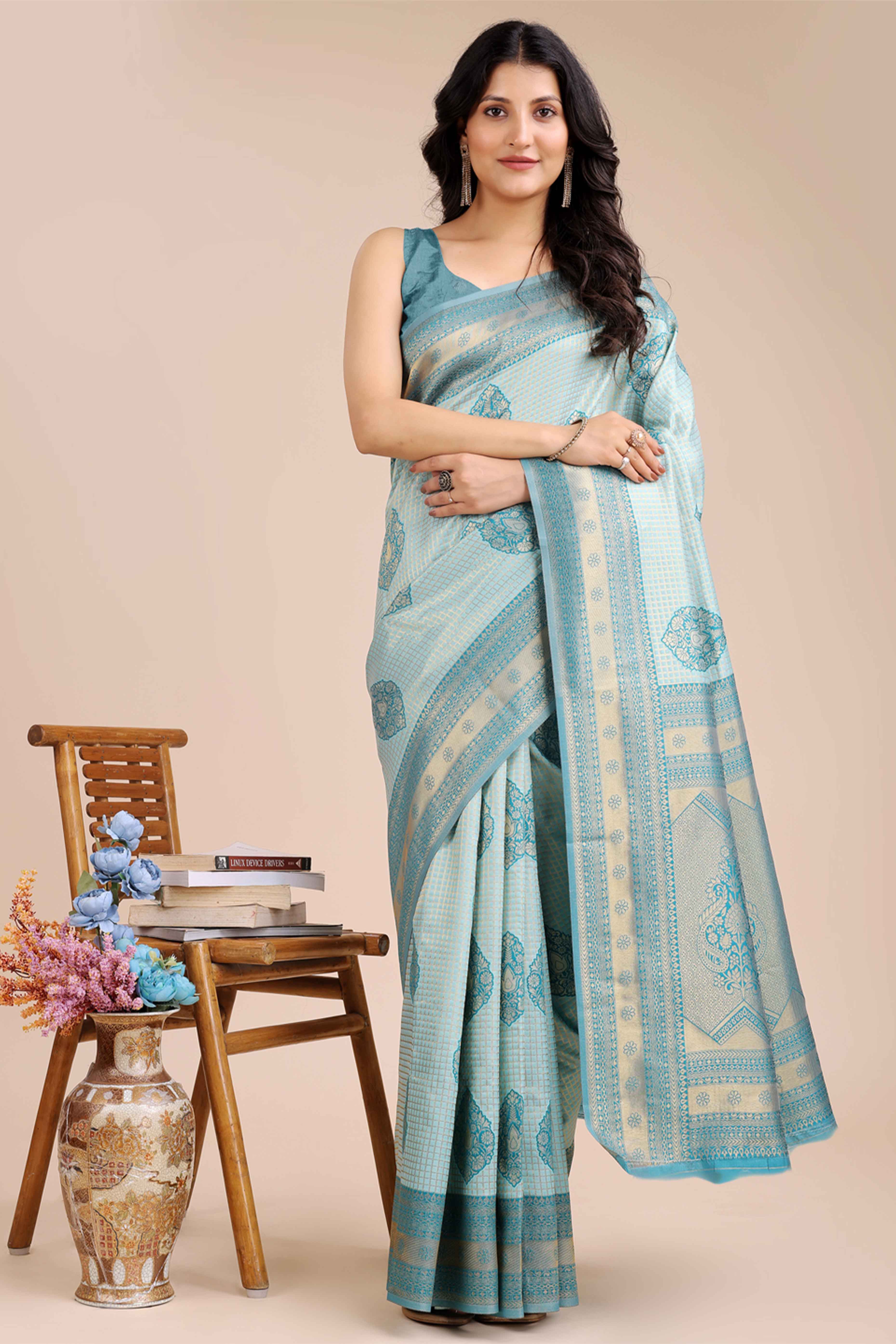 Sea Green Saree in Pure Banarasi Silk with Intricate Zari Borders and Motifs - Image 4