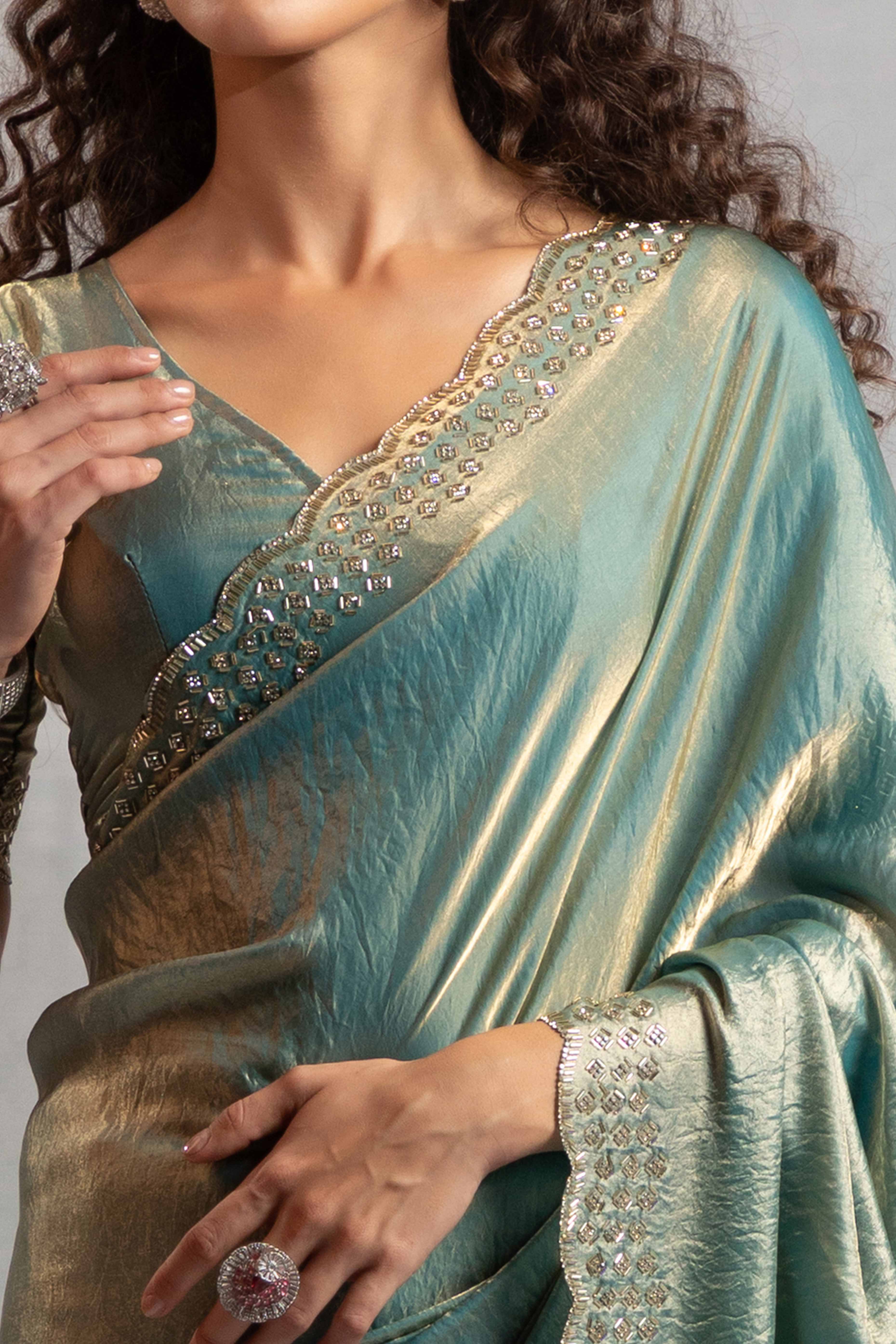 Sea Green Satin Saree with Glamorous Stone Embellishment - Image 2