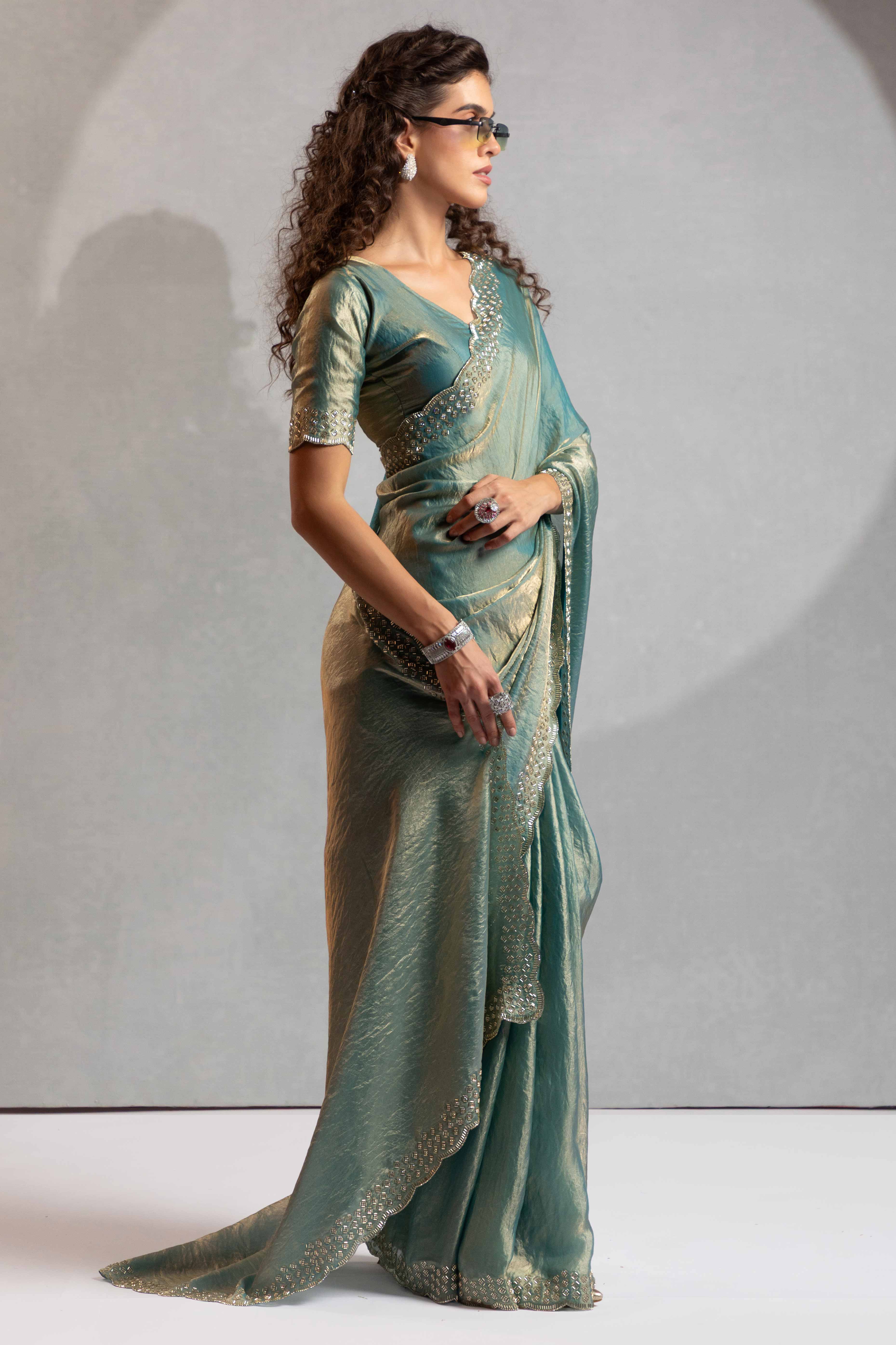 Sea Green Satin Saree with Glamorous Stone Embellishment - Image 3