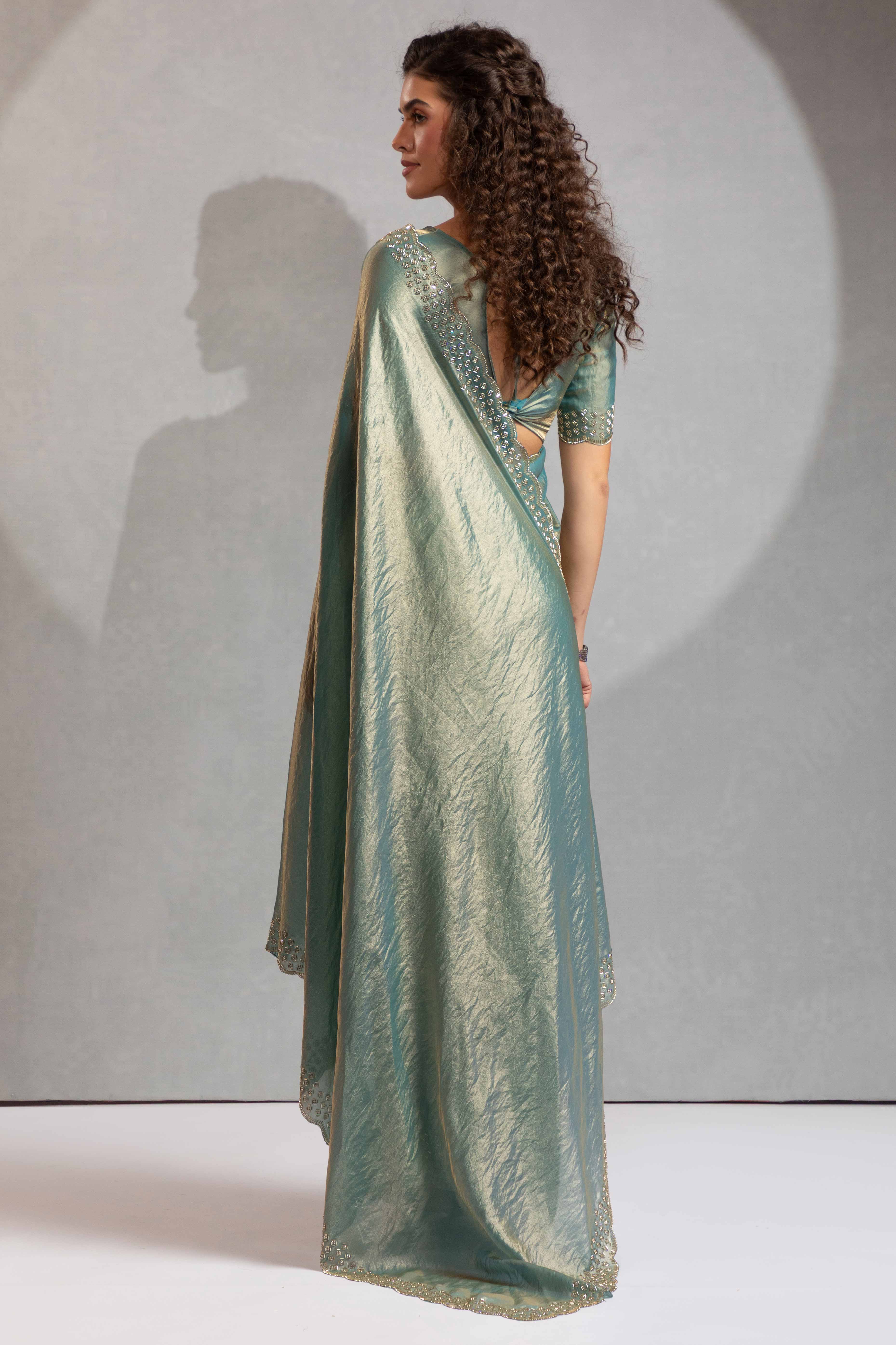 Sea Green Satin Saree with Glamorous Stone Embellishment - Image 4