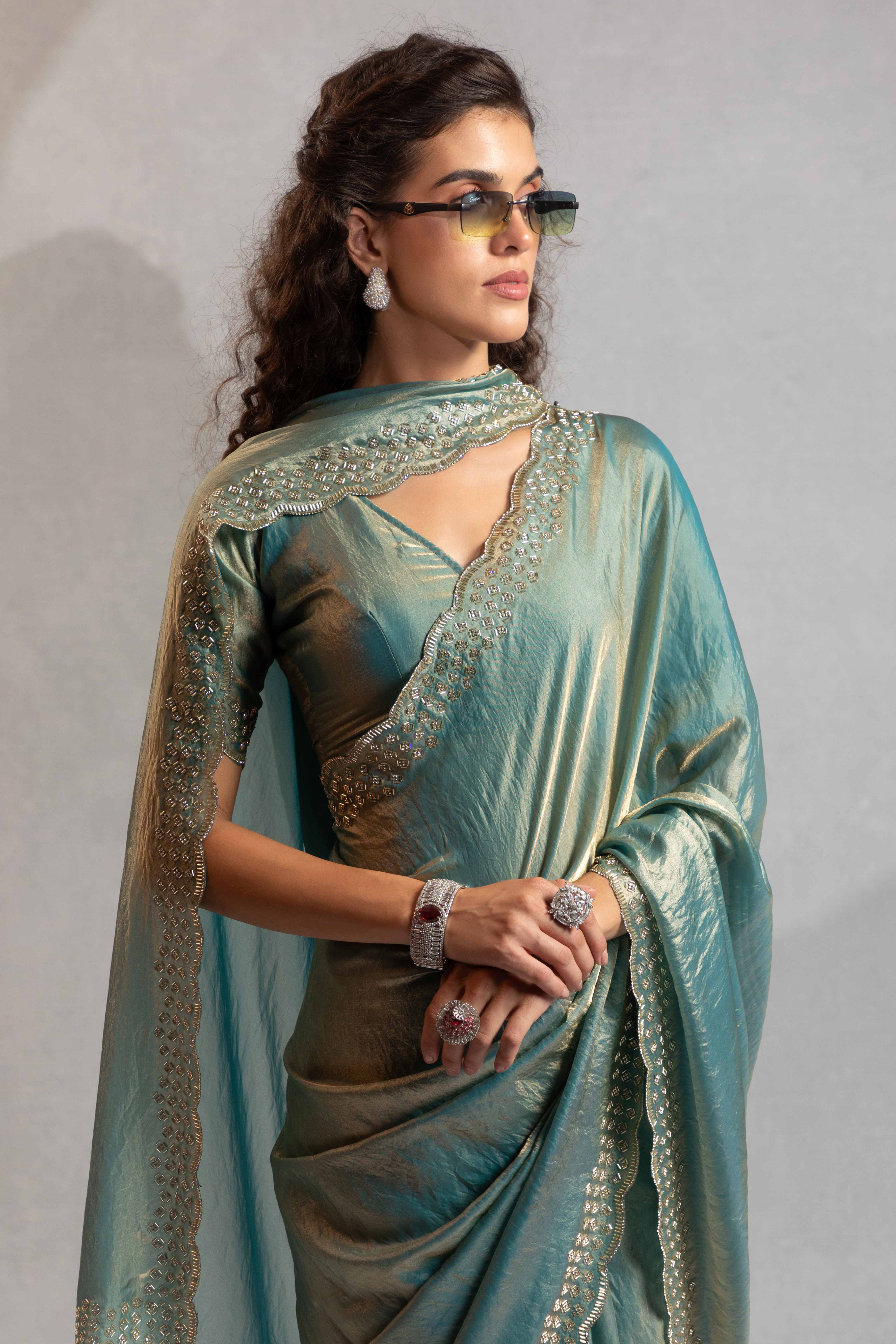 Sea Green Satin Saree with Glamorous Stone Embellishment - Image 5