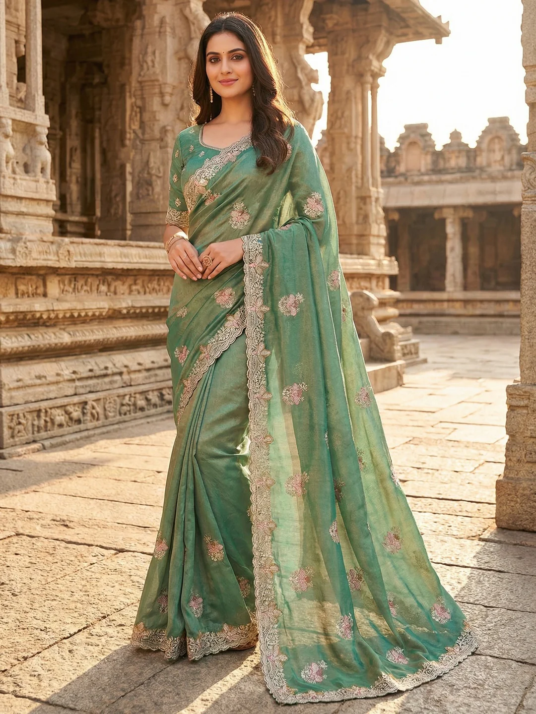 Sea Green Shimmer Saree with Embroidered Floral Design and Detailed Craft Finish