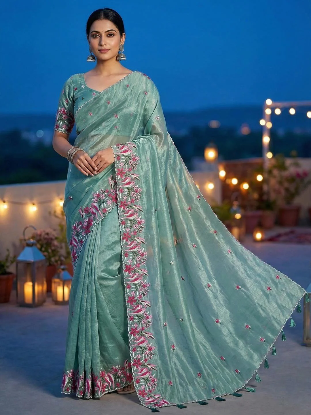 Sea Green Shimmer Saree with Floral Embroidery and Elegant Designer Look