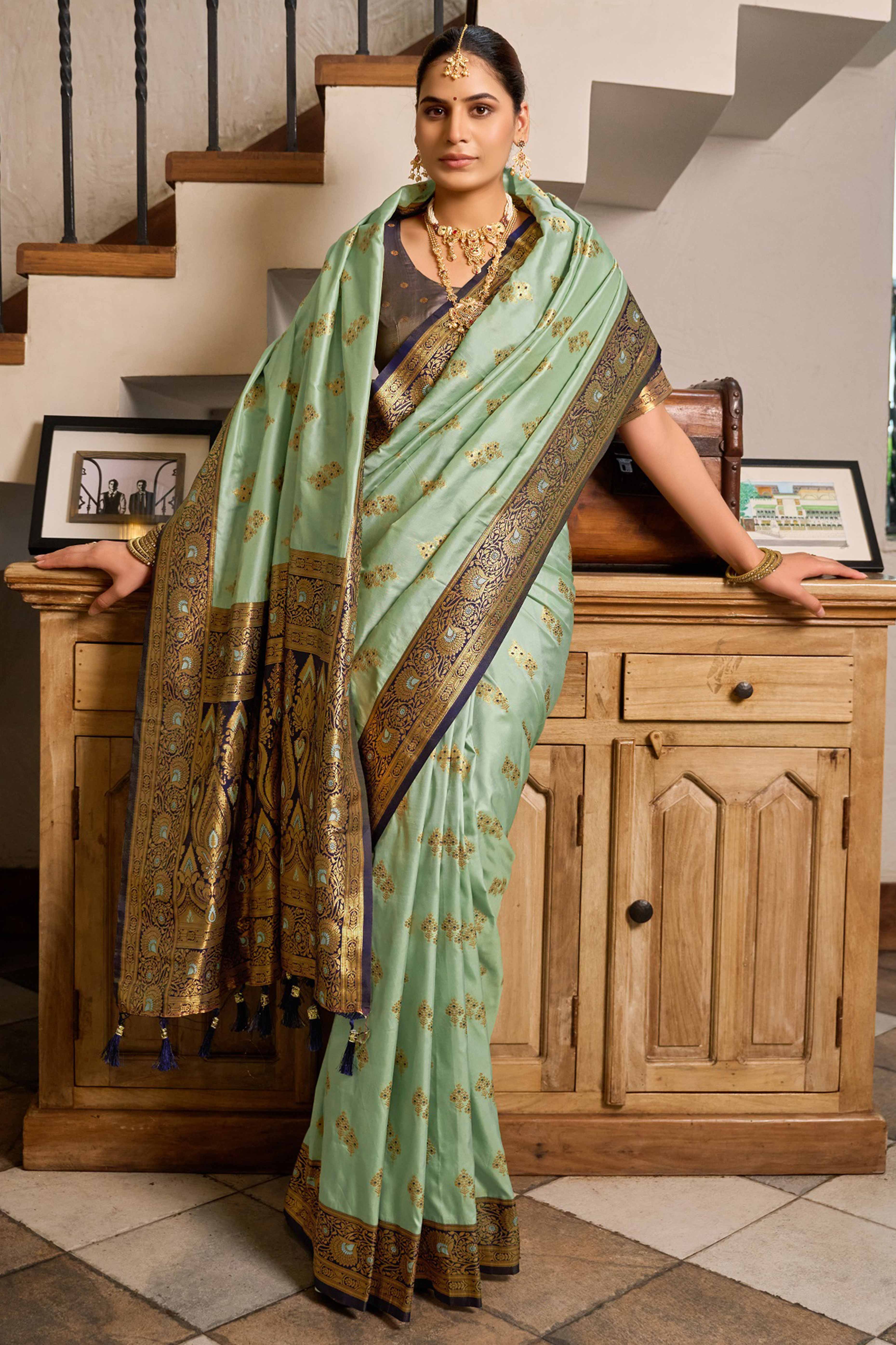 Sea Green Silk Blend Saree Featuring Intricate Floral Zari Work - Image 3