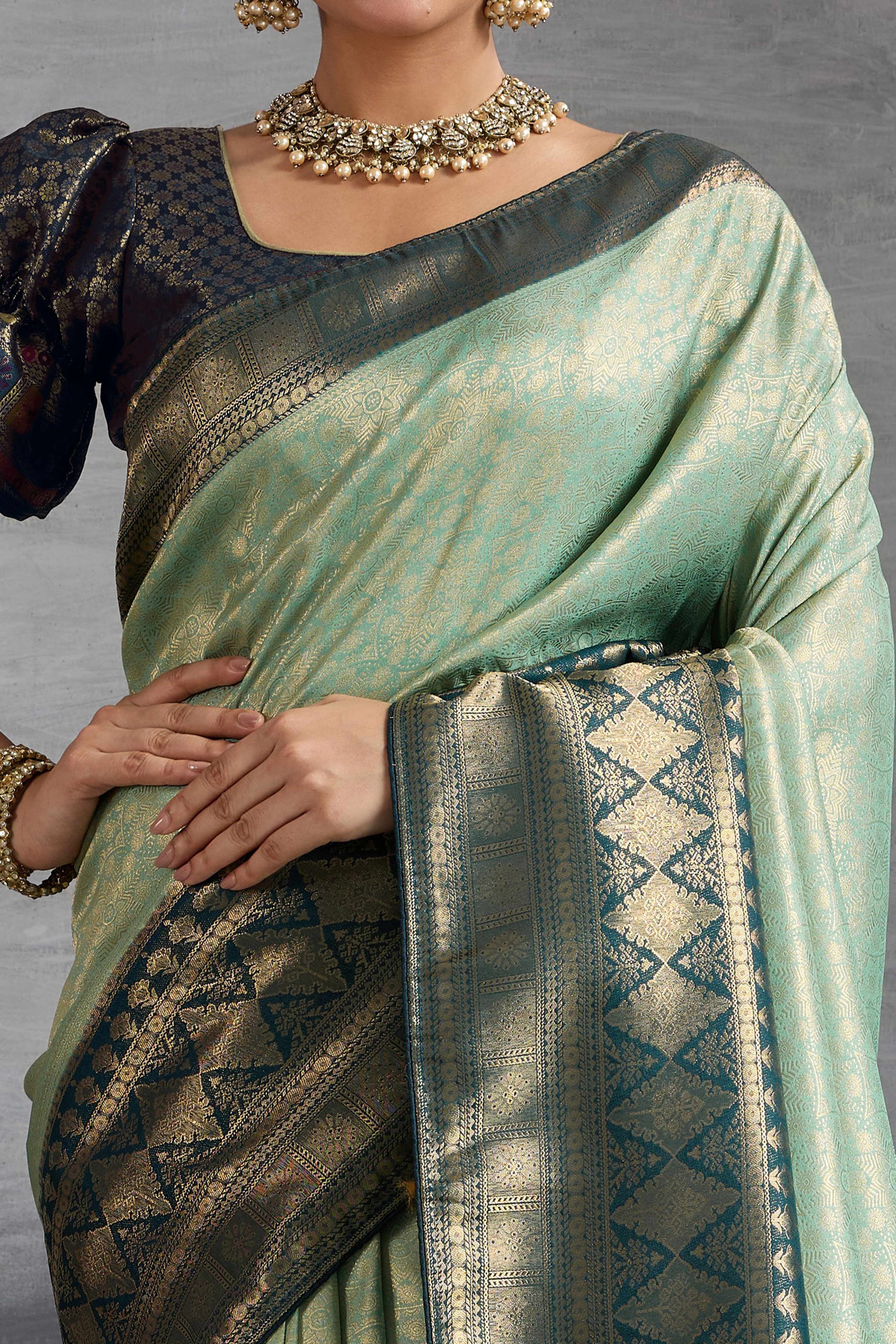 Sea Green Silk Kanjivaram Silk Saree Enhanced With Meenakari Weaving Borders - Image 2