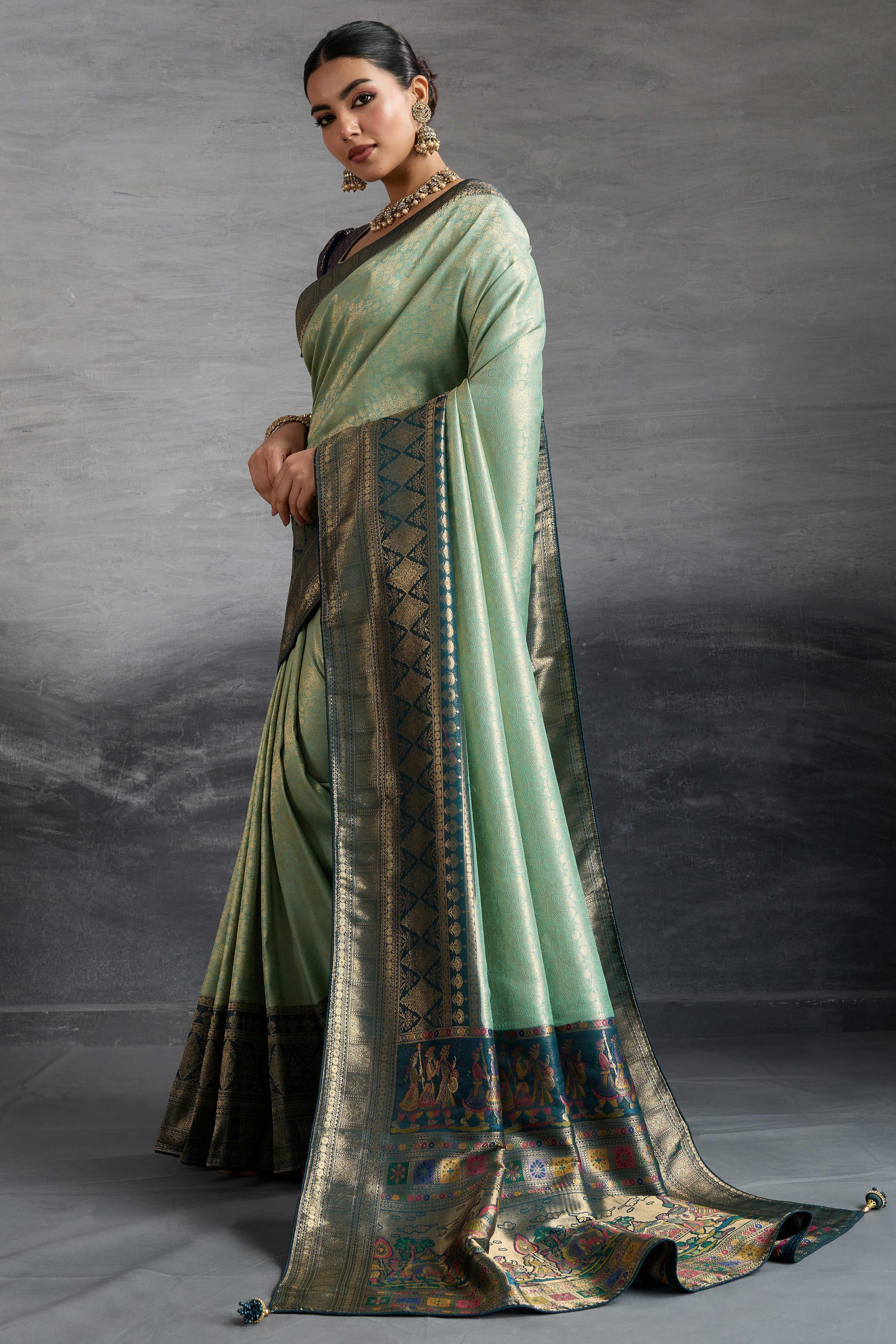 Sea Green Silk Kanjivaram Silk Saree Enhanced With Meenakari Weaving Borders - Image 4