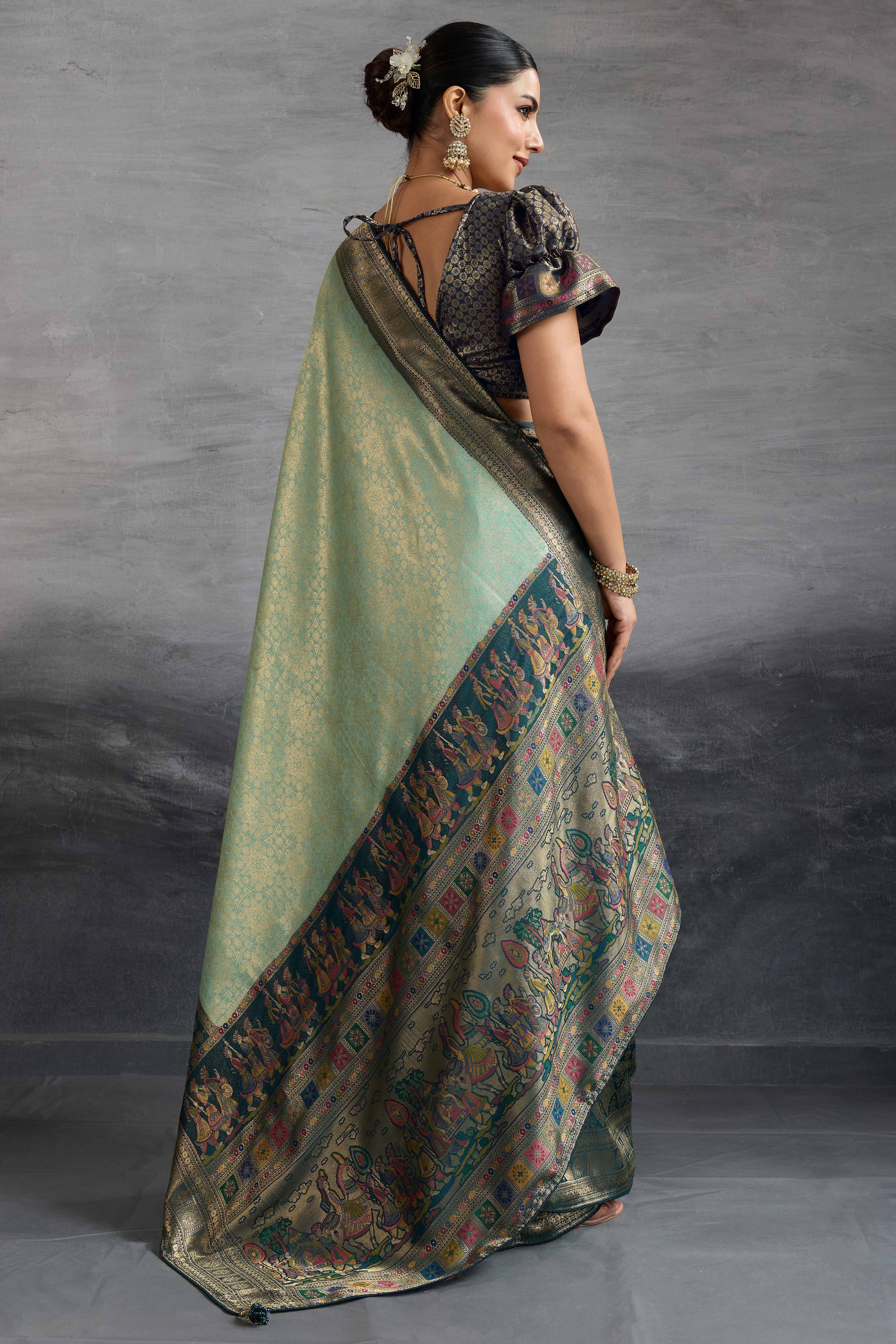 Sea Green Silk Kanjivaram Silk Saree Enhanced With Meenakari Weaving Borders - Image 5