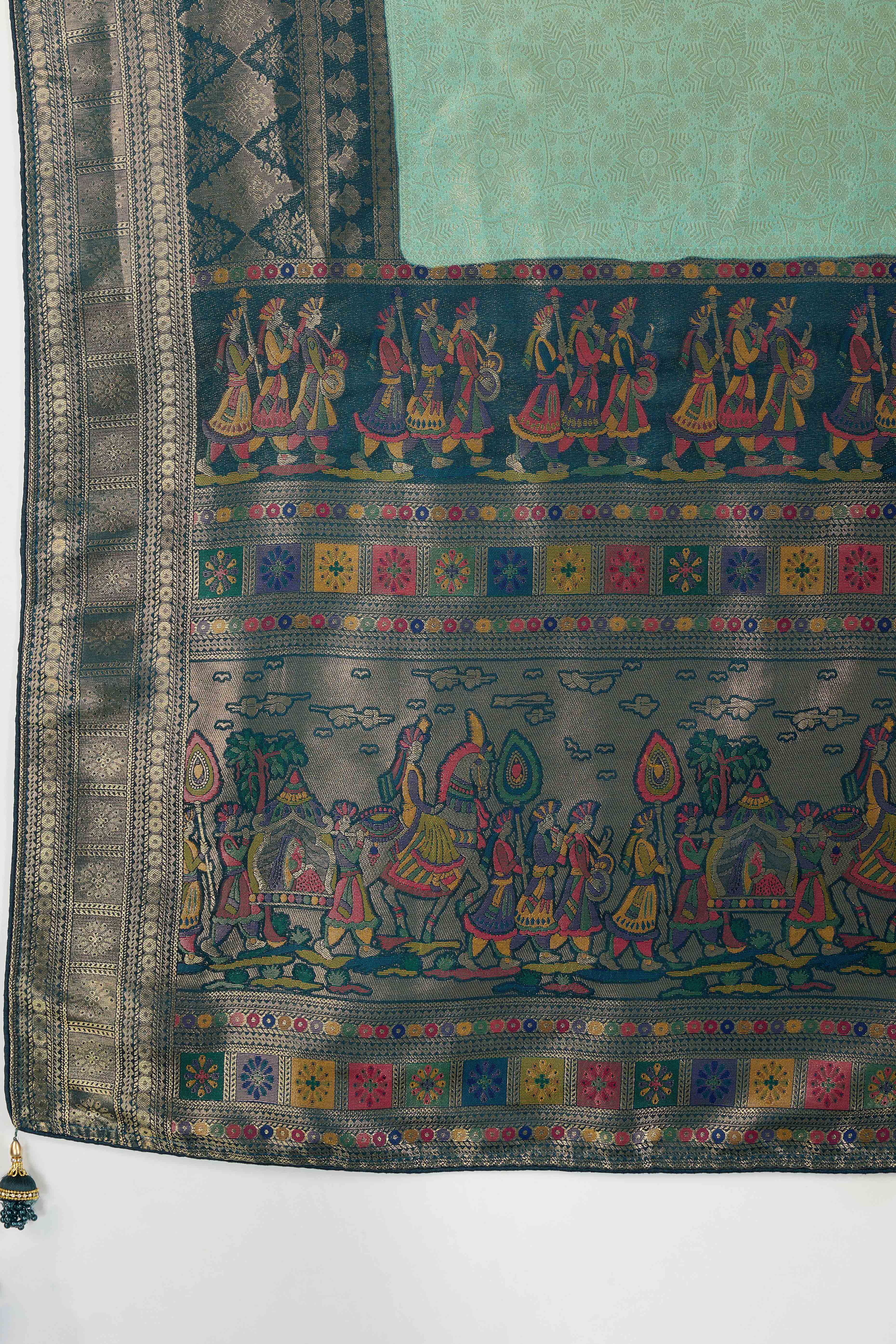 Sea Green Silk Kanjivaram Silk Saree Enhanced With Meenakari Weaving Borders - Image 7