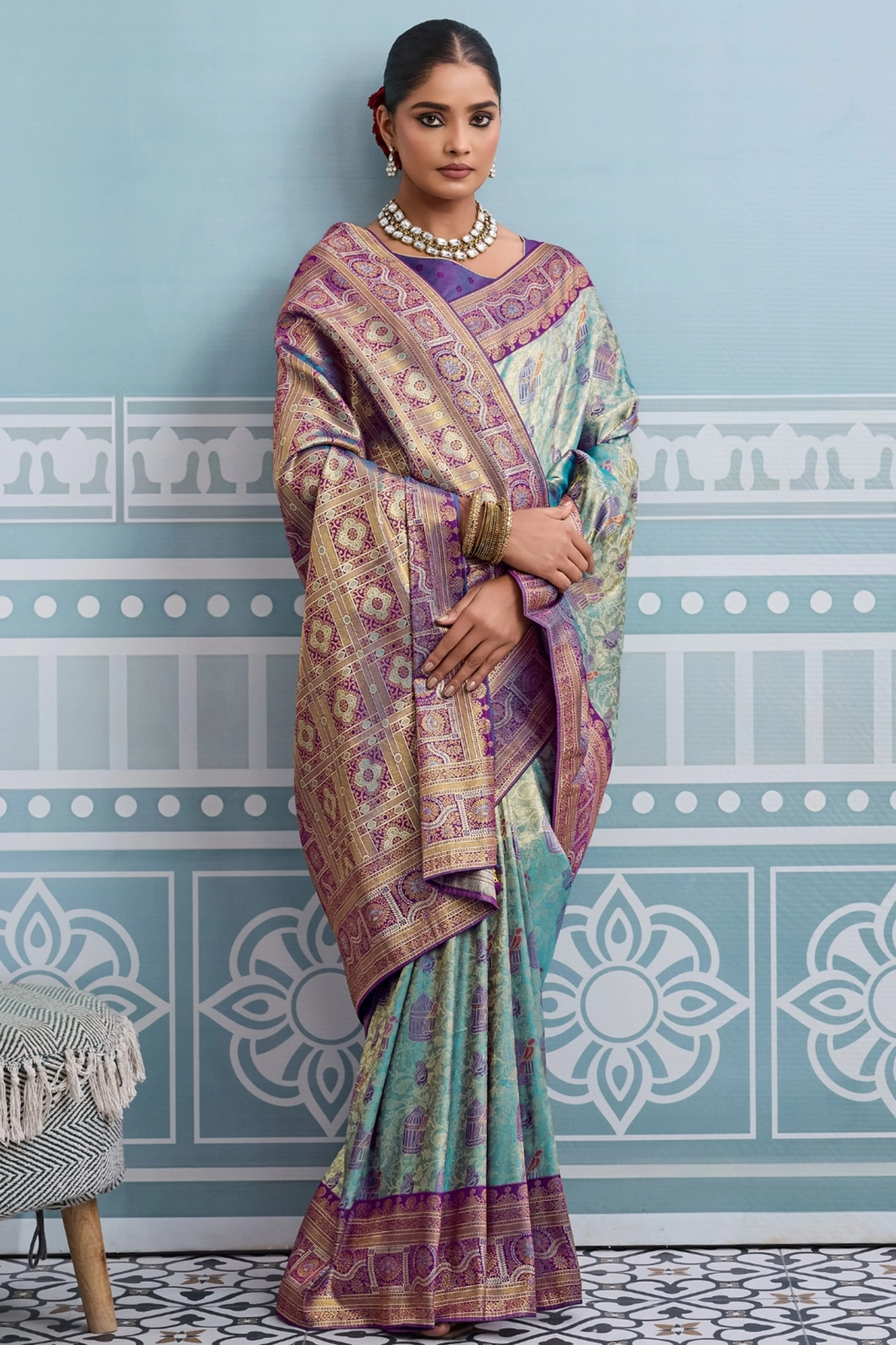 Sea Green Soft Kanjivaram Silk Saree with Classic Zari Weaving for Elegant Styling - Image 3