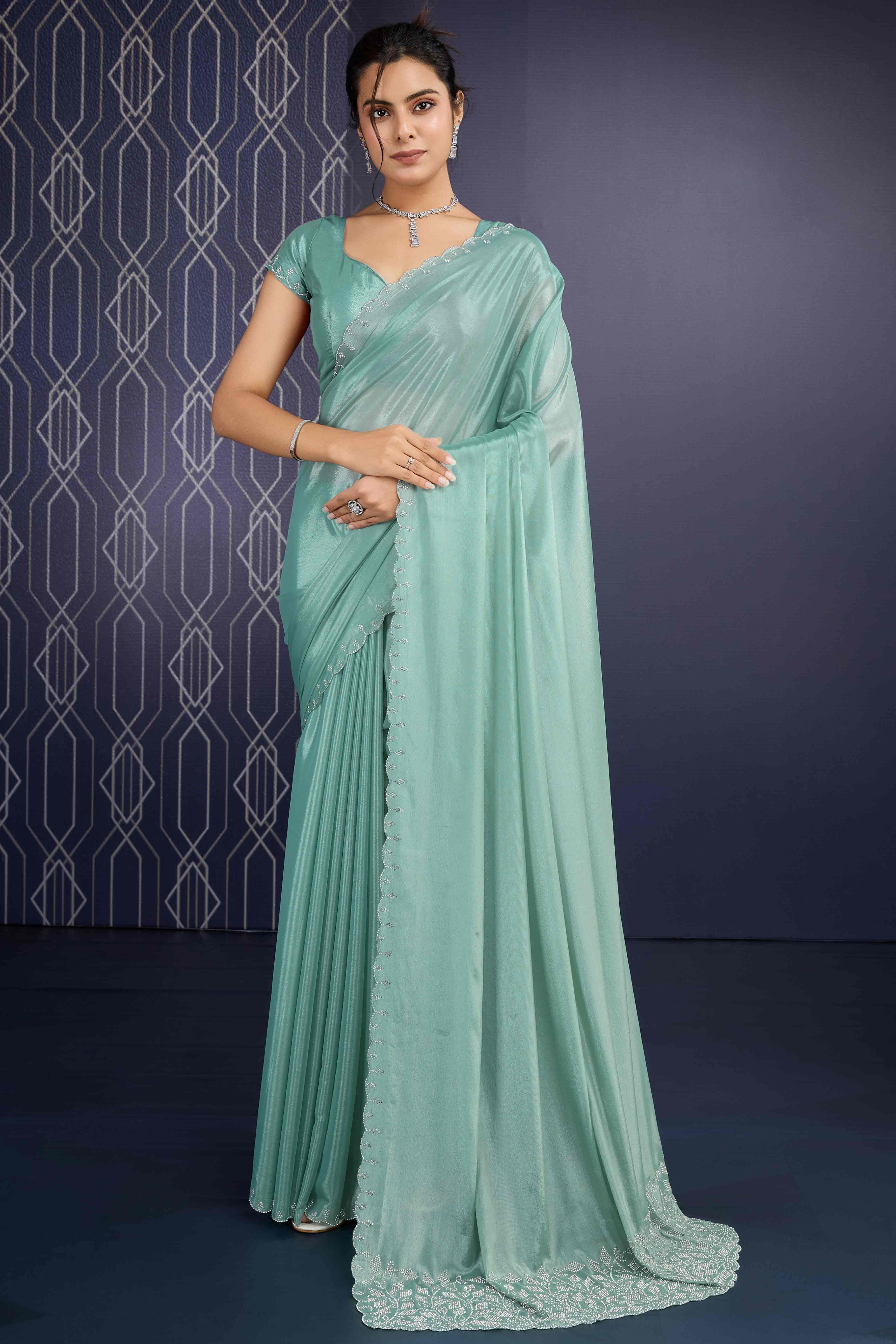 Sea Green Swarovski Work Embellished Georgette Saree - Image 3