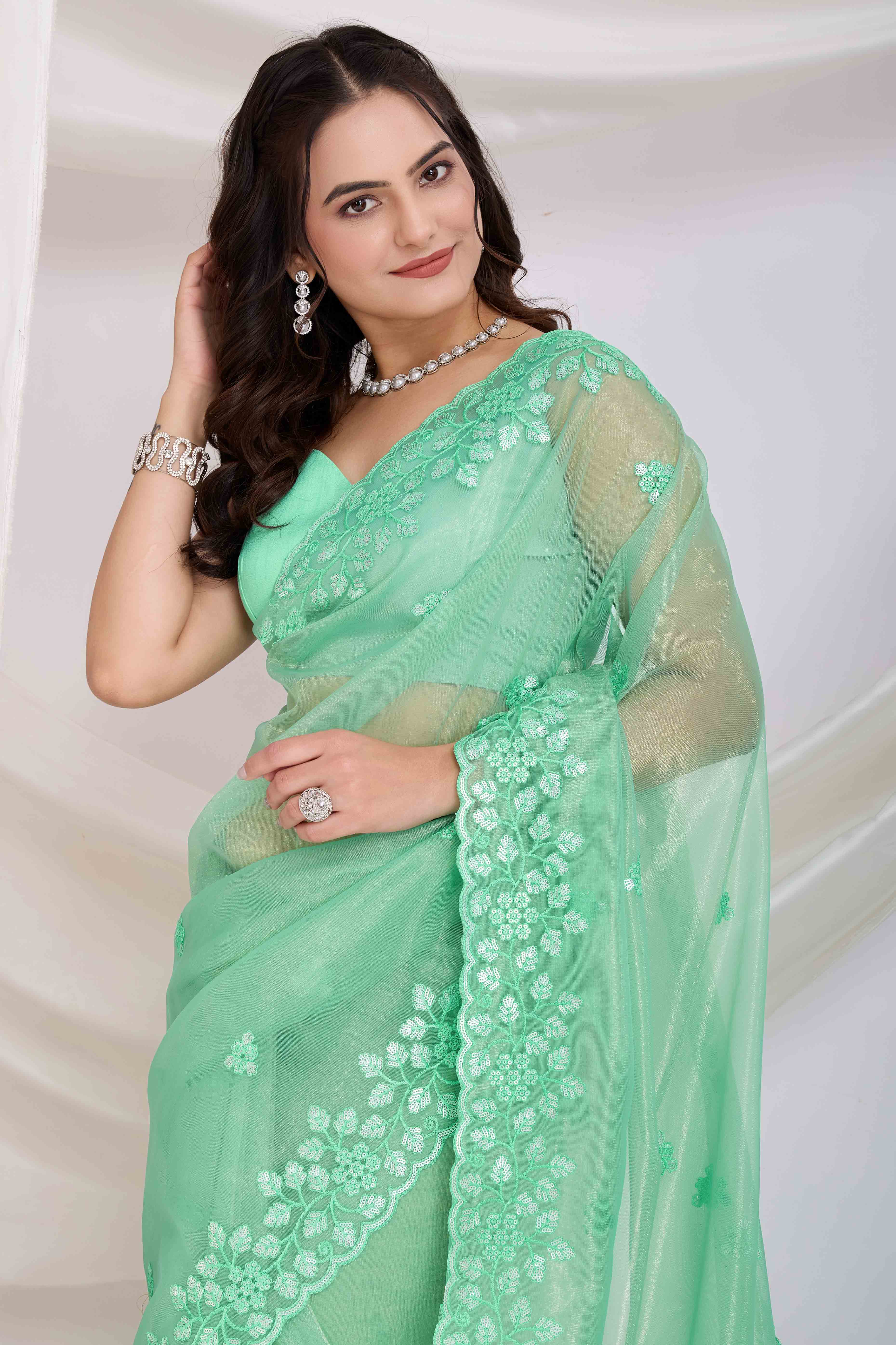 Sea Green Twill Net Saree Embellished With Sequin Floral Embroidery - Image 6
