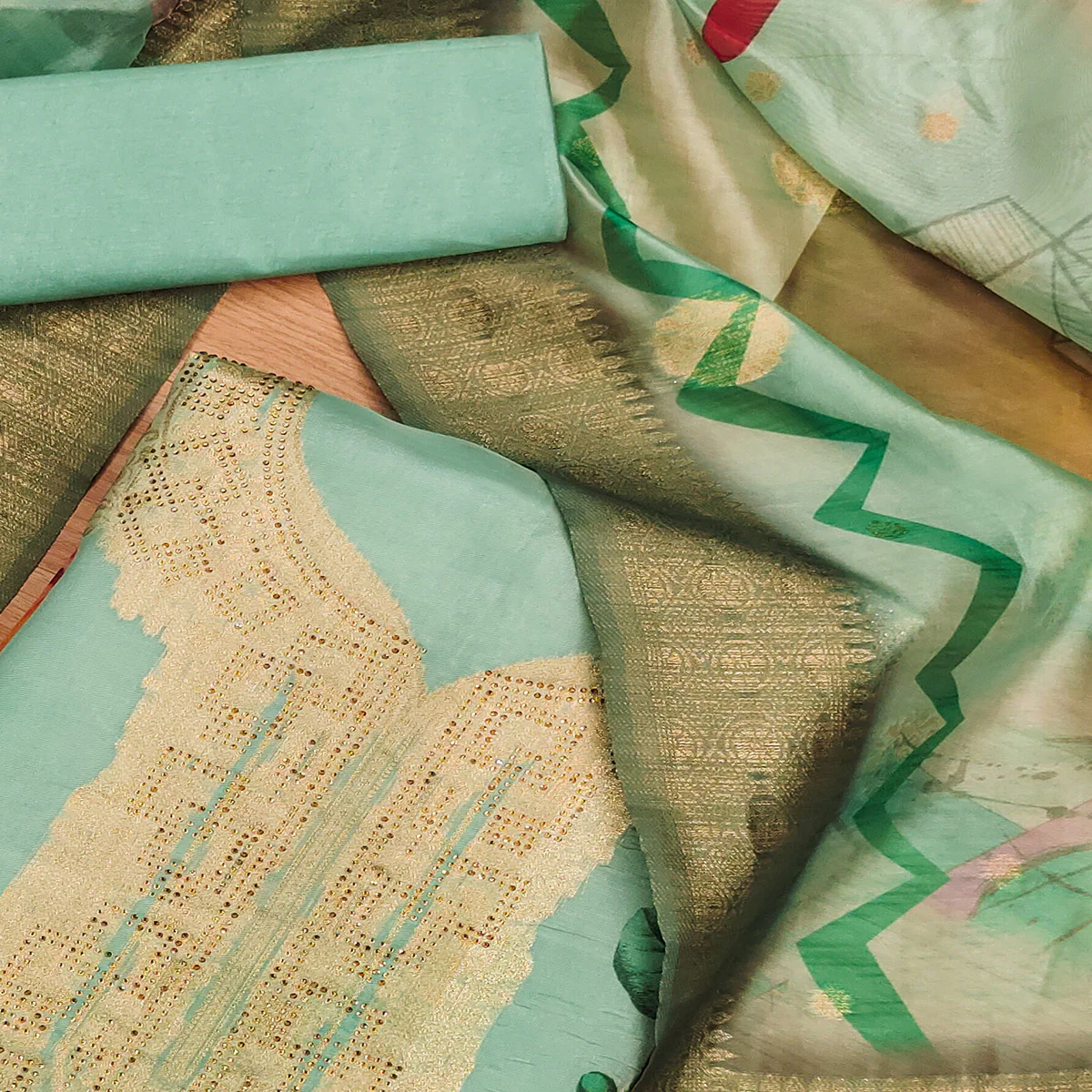 Sea Green Woven With Digital Printed & Swarovski Organza Dress Material - Image 2