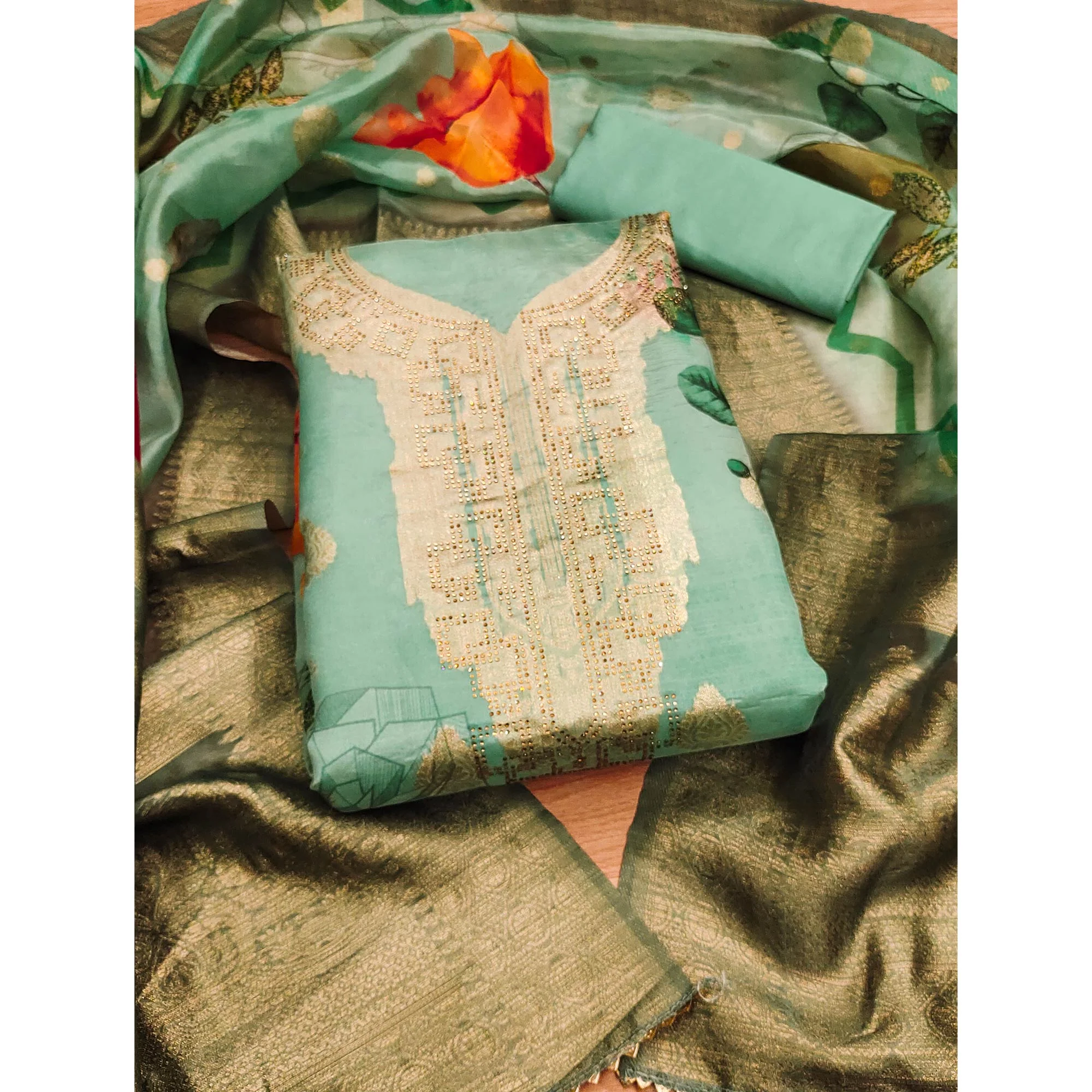 Sea Green Woven With Digital Printed & Swarovski Organza Dress Material - Image 3