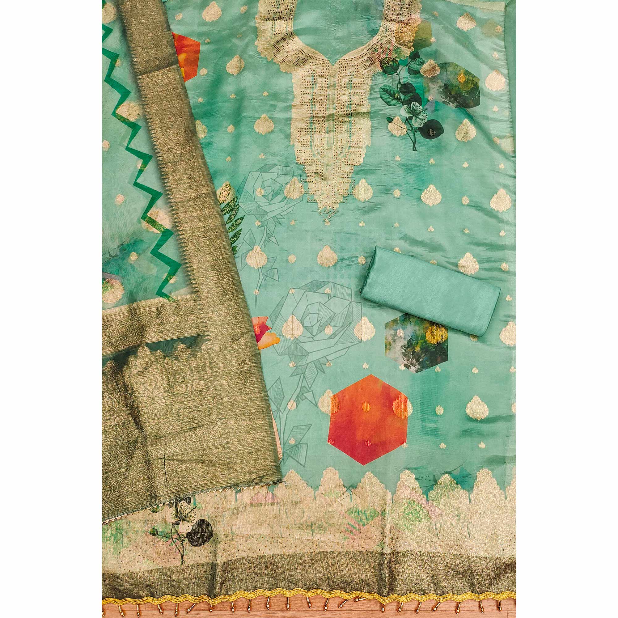 Sea Green Woven With Digital Printed & Swarovski Organza Dress Material - Image 4