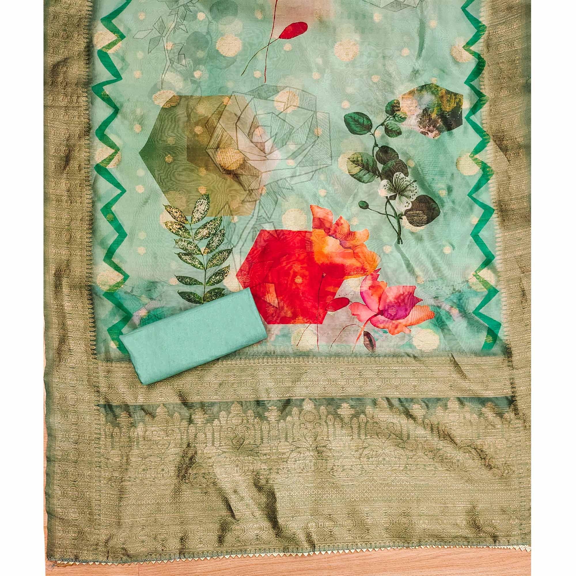 Sea Green Woven With Digital Printed & Swarovski Organza Dress Material - Image 5