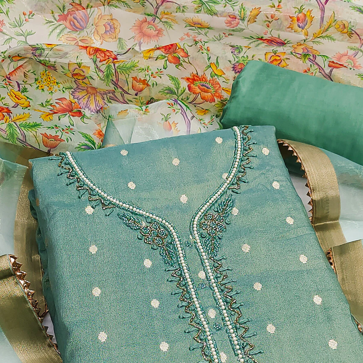 Sea Green Zari Work Woven Net Dress Material - Image 2