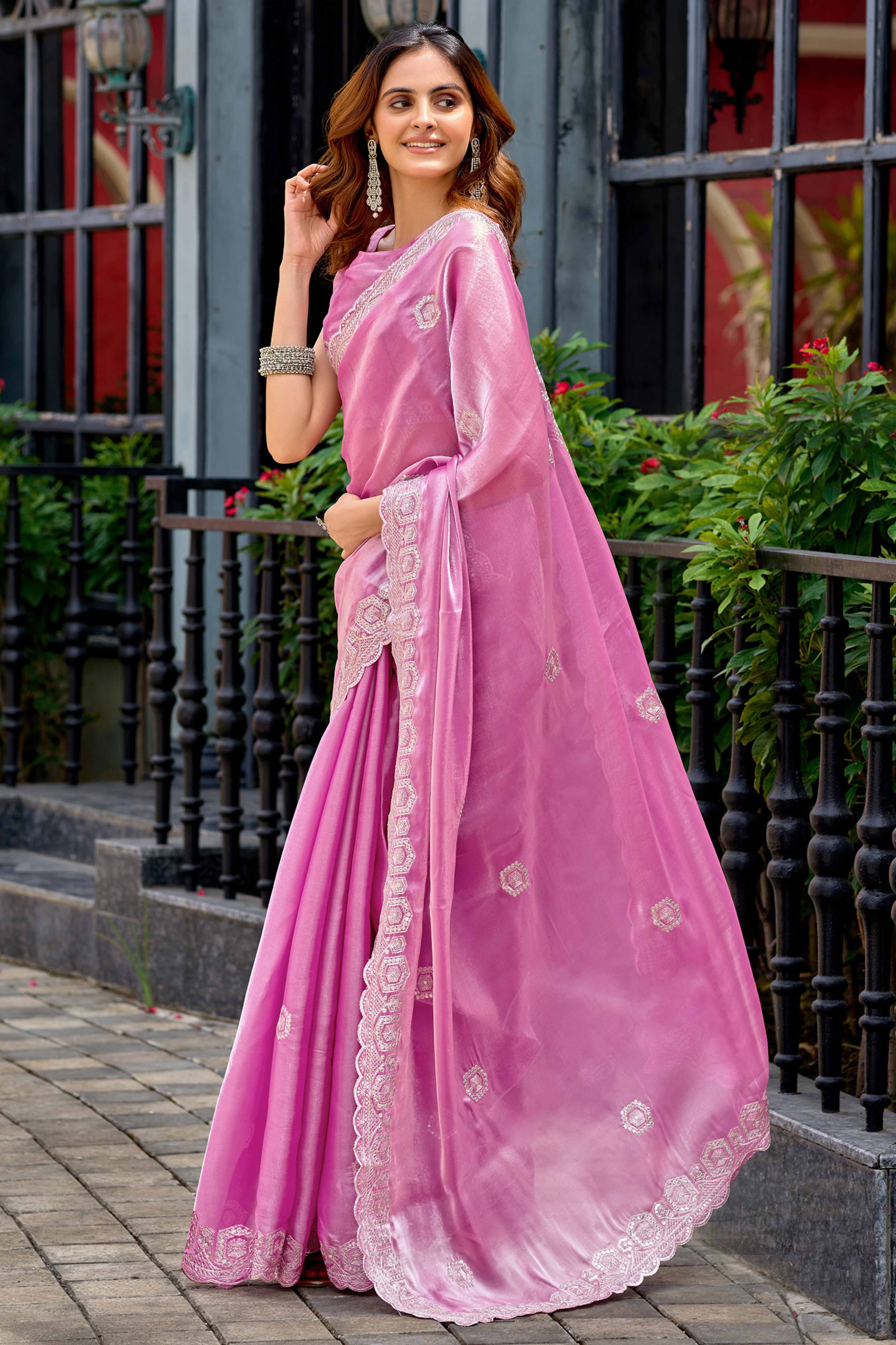 Shimmering Baby Pink Chiffon Saree with Delicate Sequins Work - Image 4