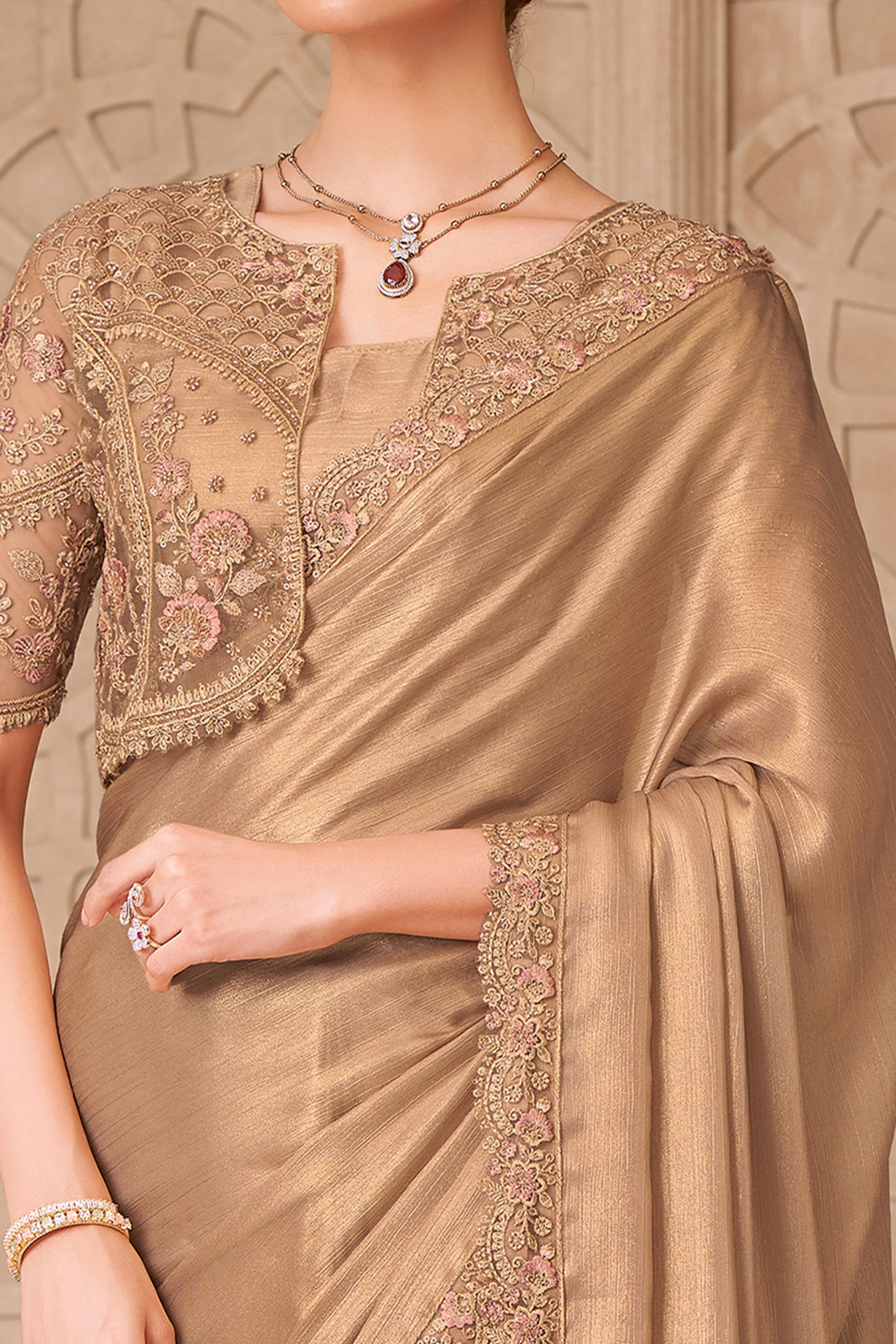 Shimmering Beige Georgette Saree with Graceful Thread Embellishment and Sequins - Image 2