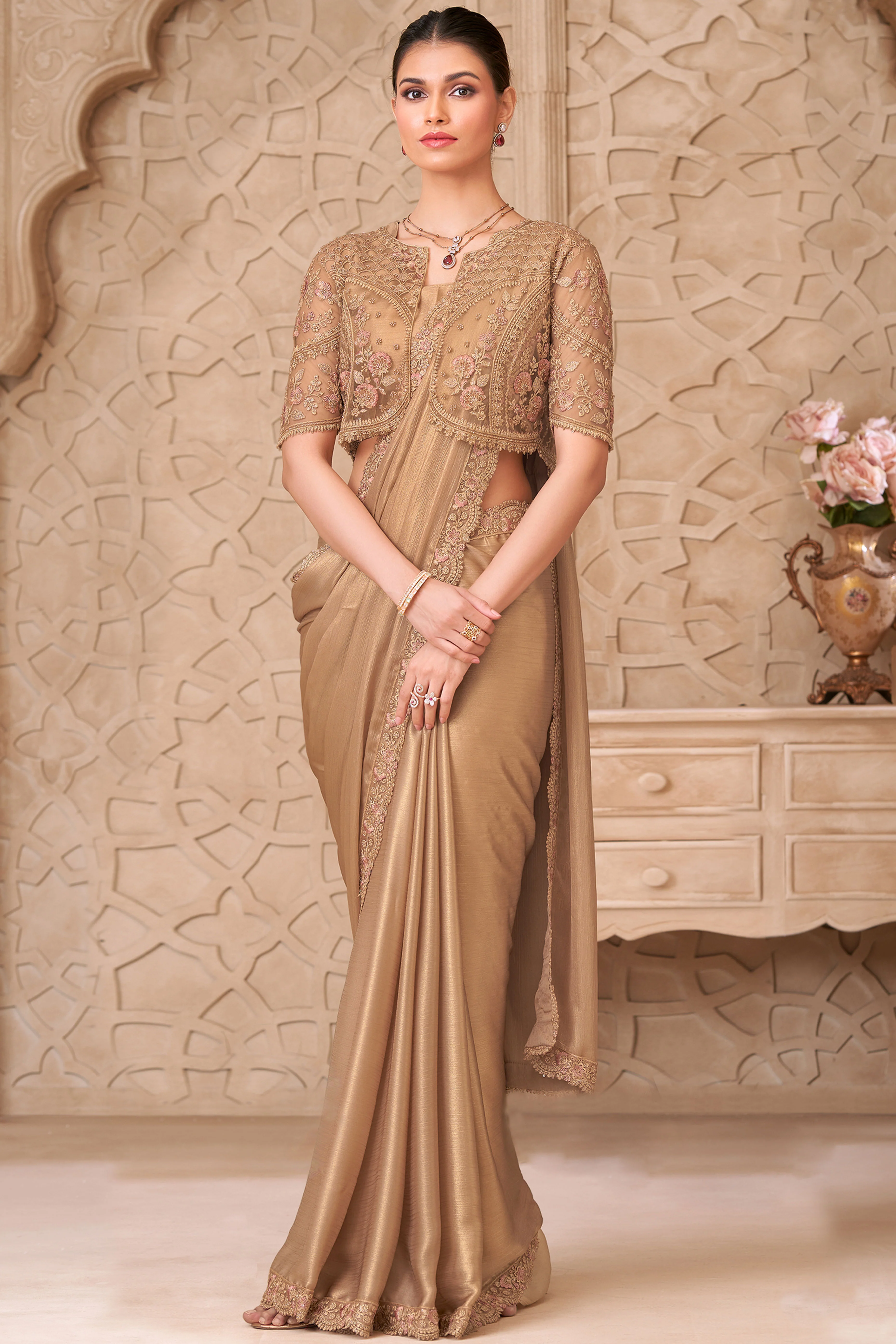 Shimmering Beige Georgette Saree with Graceful Thread Embellishment and Sequins - Image 3