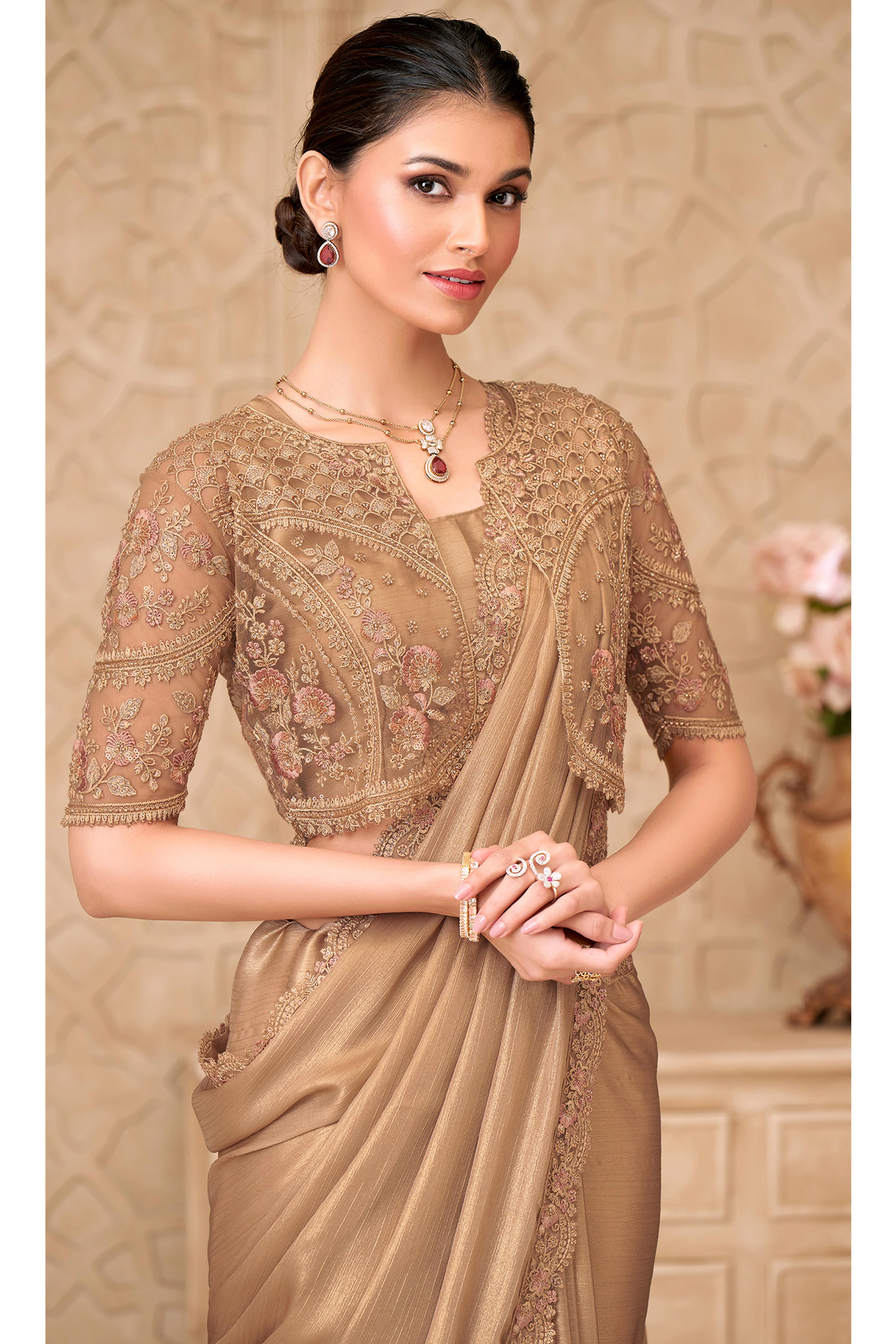 Shimmering Beige Georgette Saree with Graceful Thread Embellishment and Sequins - Image 4