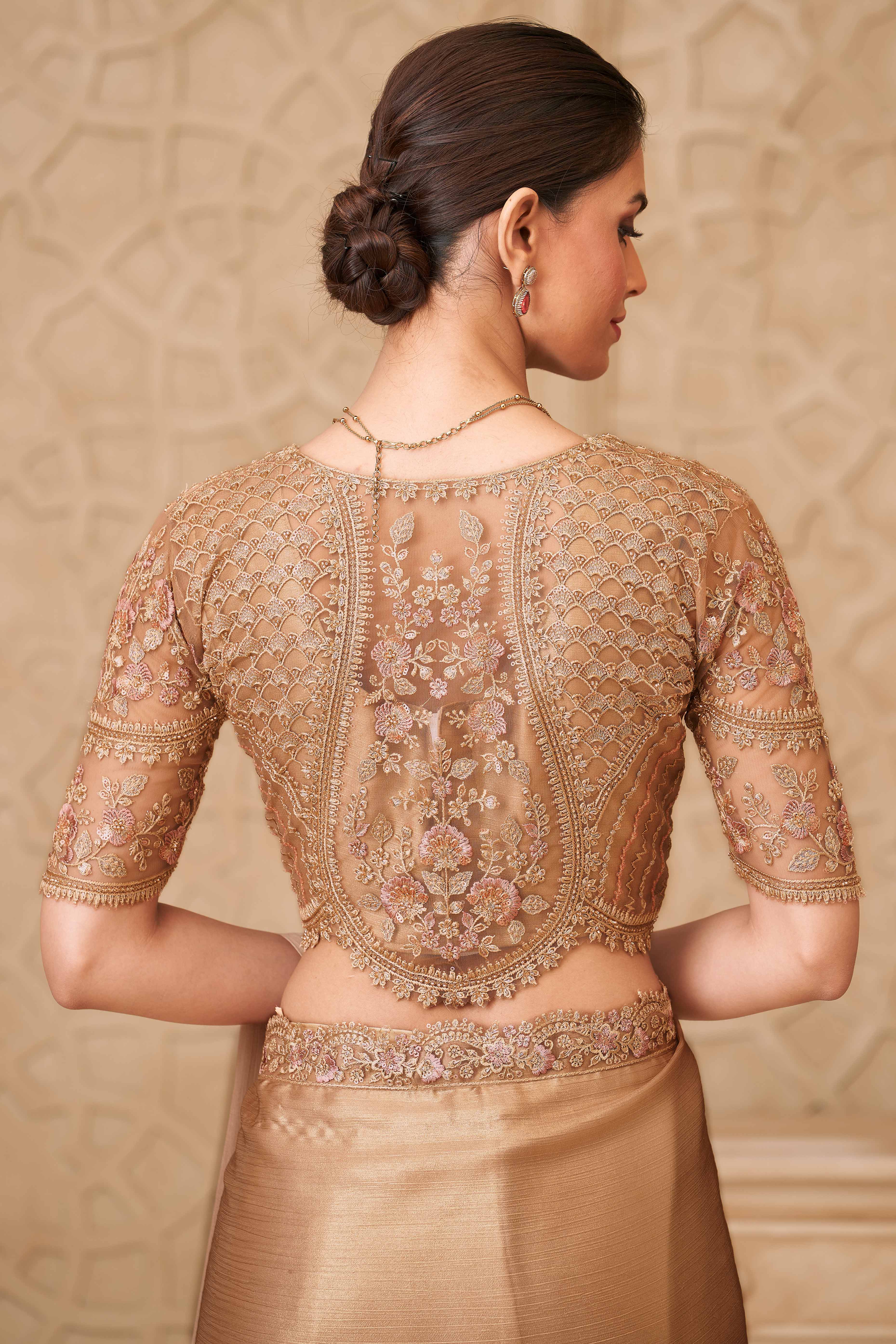 Shimmering Beige Georgette Saree with Graceful Thread Embellishment and Sequins - Image 6