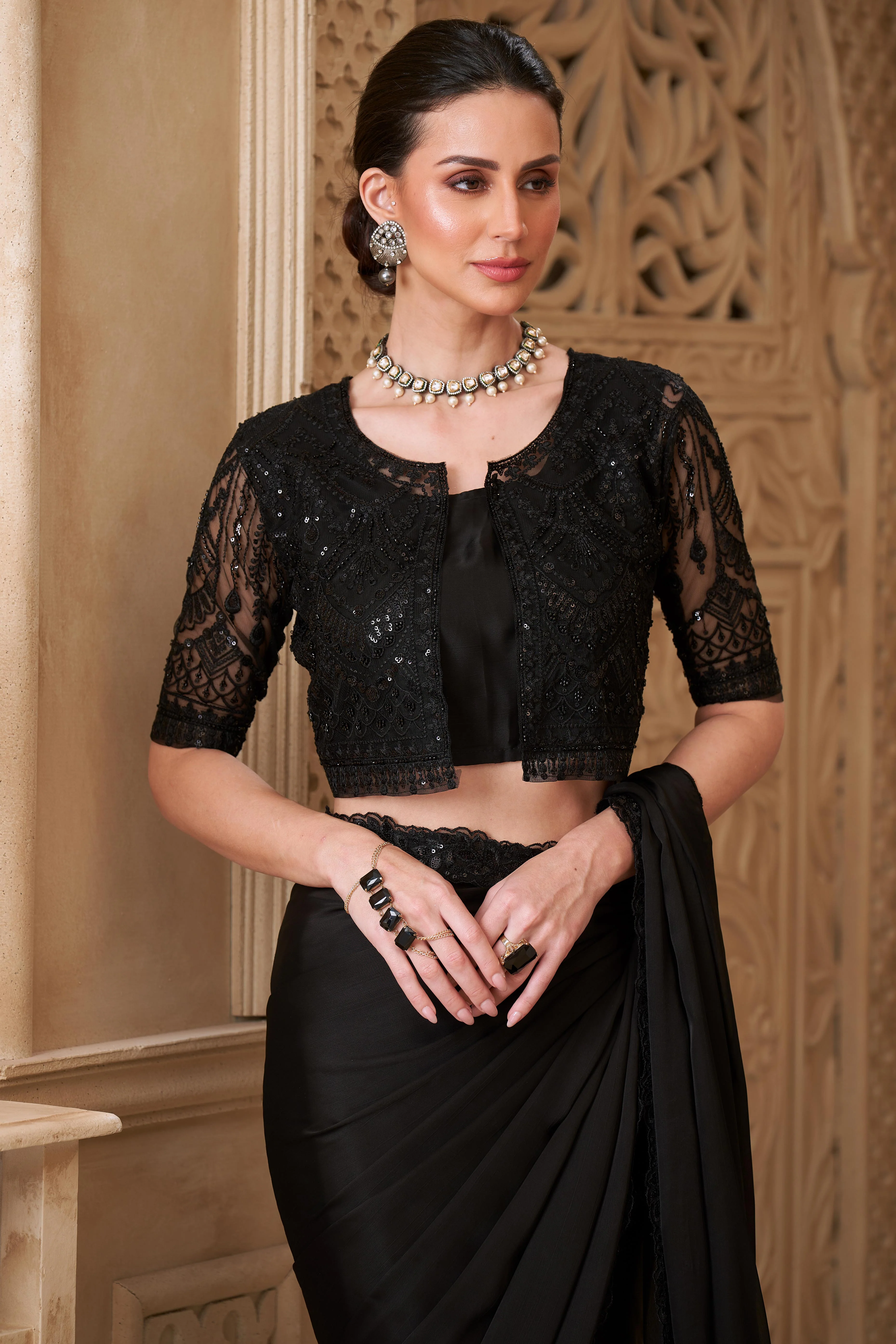 Shimmering Black Georgette Saree with Graceful Thread Embellishment and Sequins - Image 4