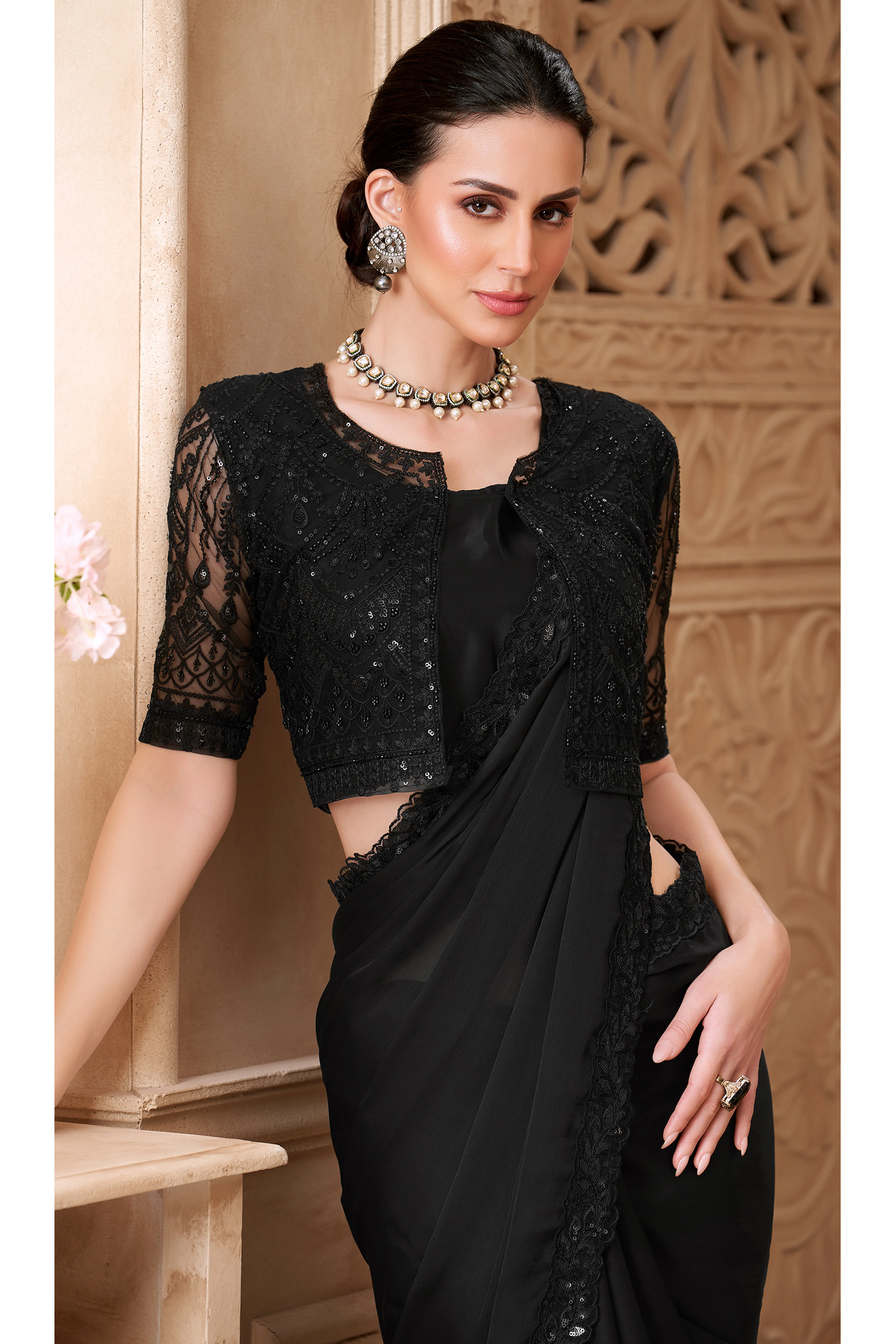 Shimmering Black Georgette Saree with Graceful Thread Embellishment and Sequins - Image 6
