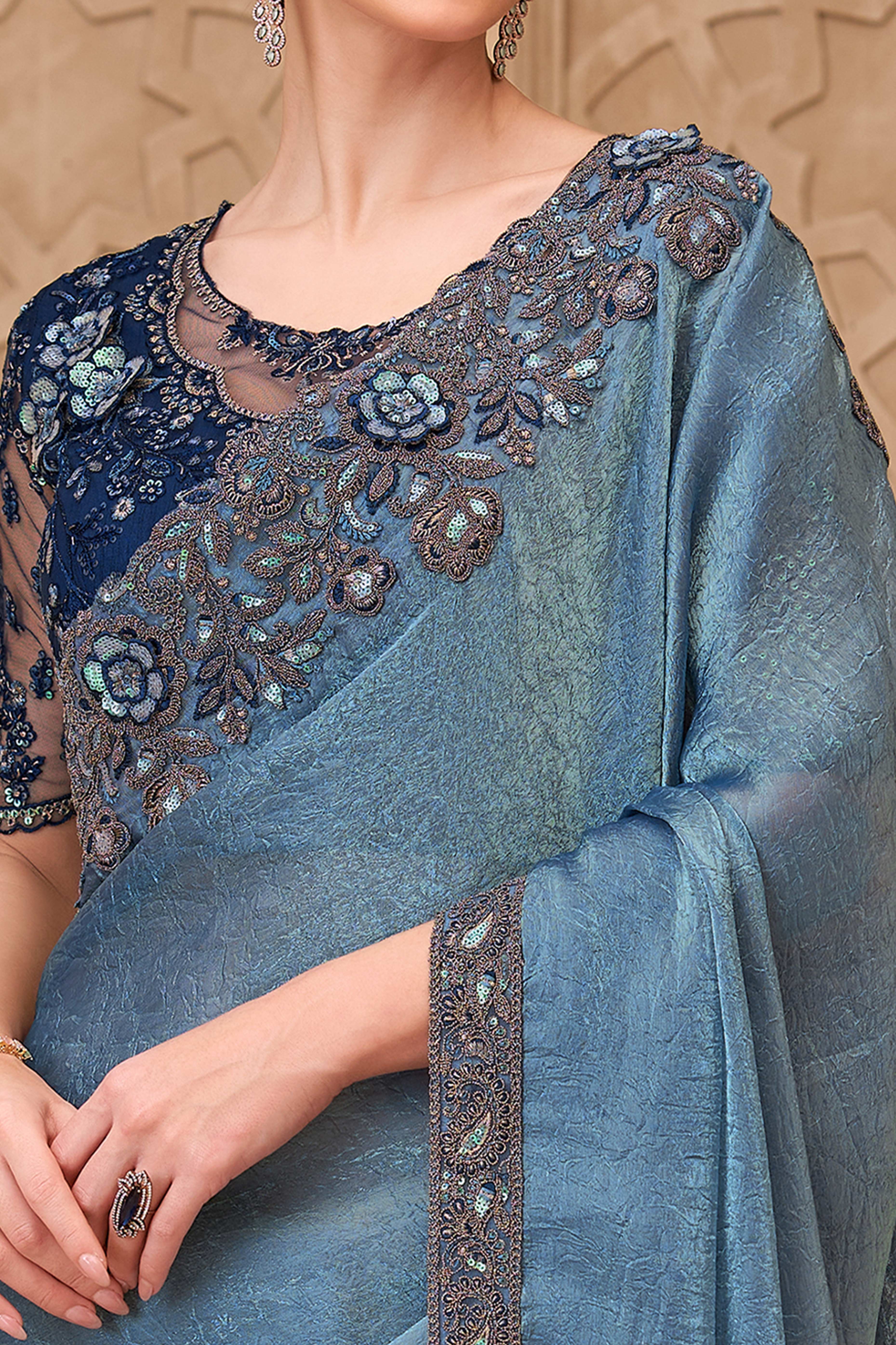 Shimmering Bluish Grey Georgette Saree with Graceful Thread Embellishment and Sequins - Image 2