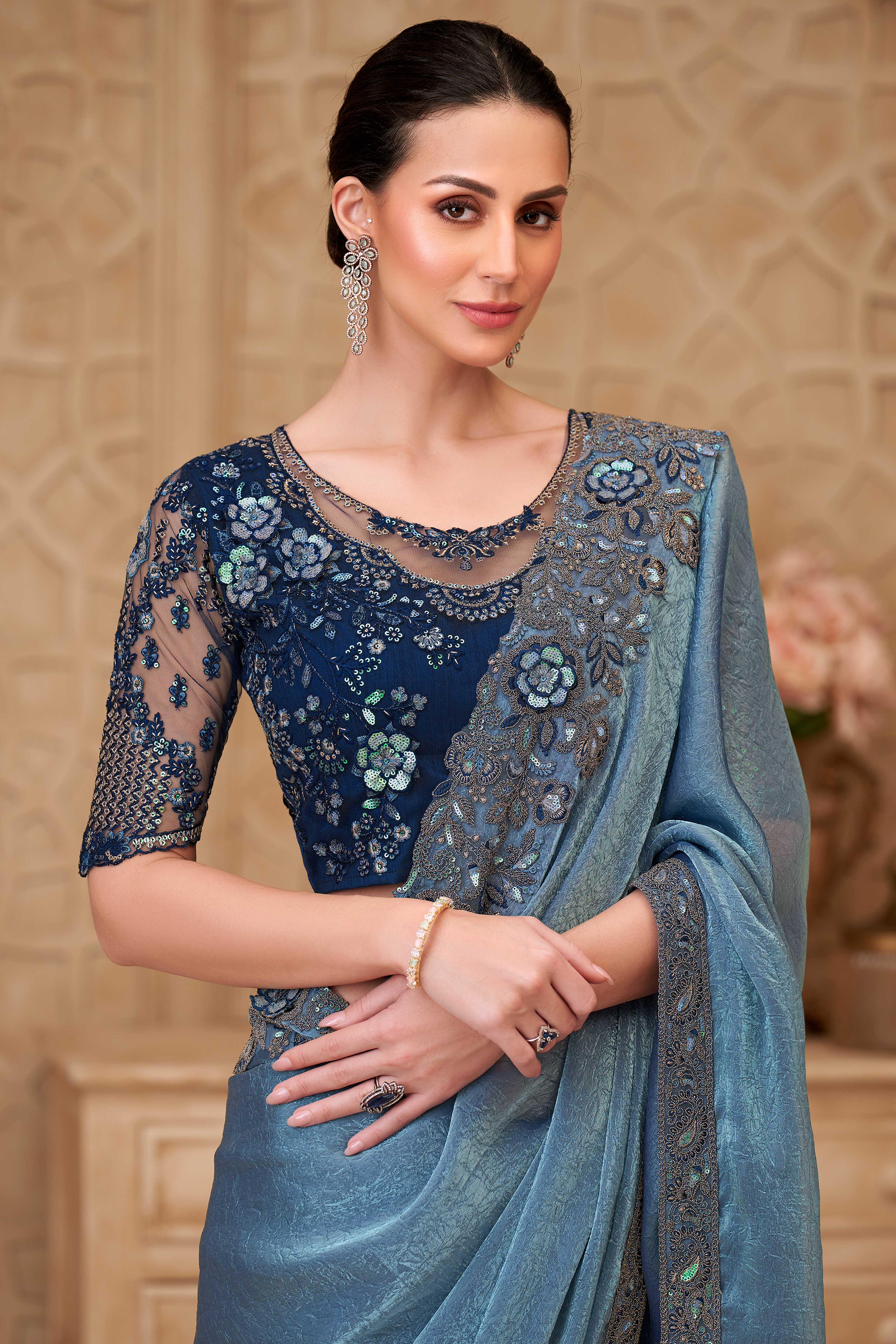 Shimmering Bluish Grey Georgette Saree with Graceful Thread Embellishment and Sequins - Image 3