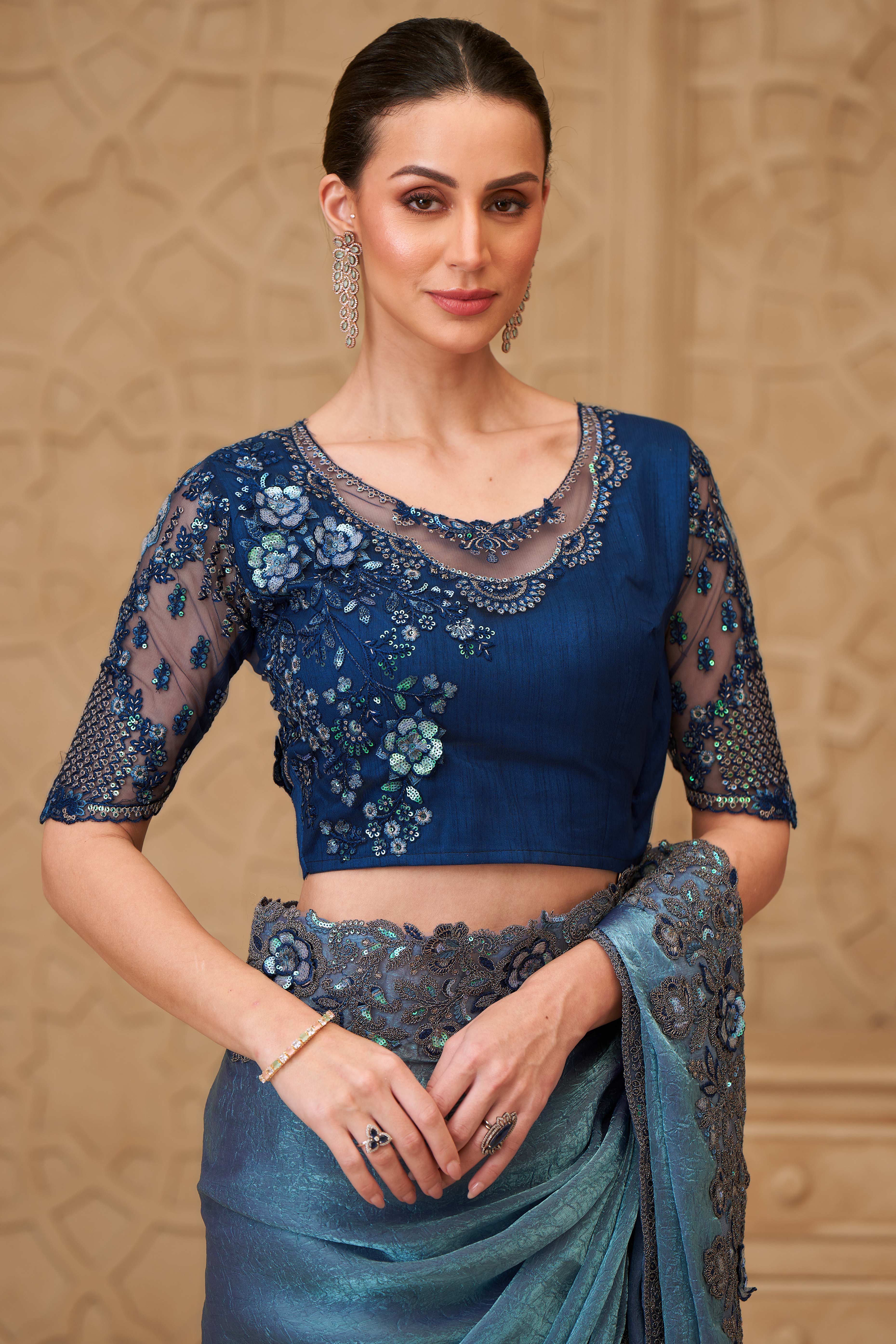 Shimmering Bluish Grey Georgette Saree with Graceful Thread Embellishment and Sequins - Image 4
