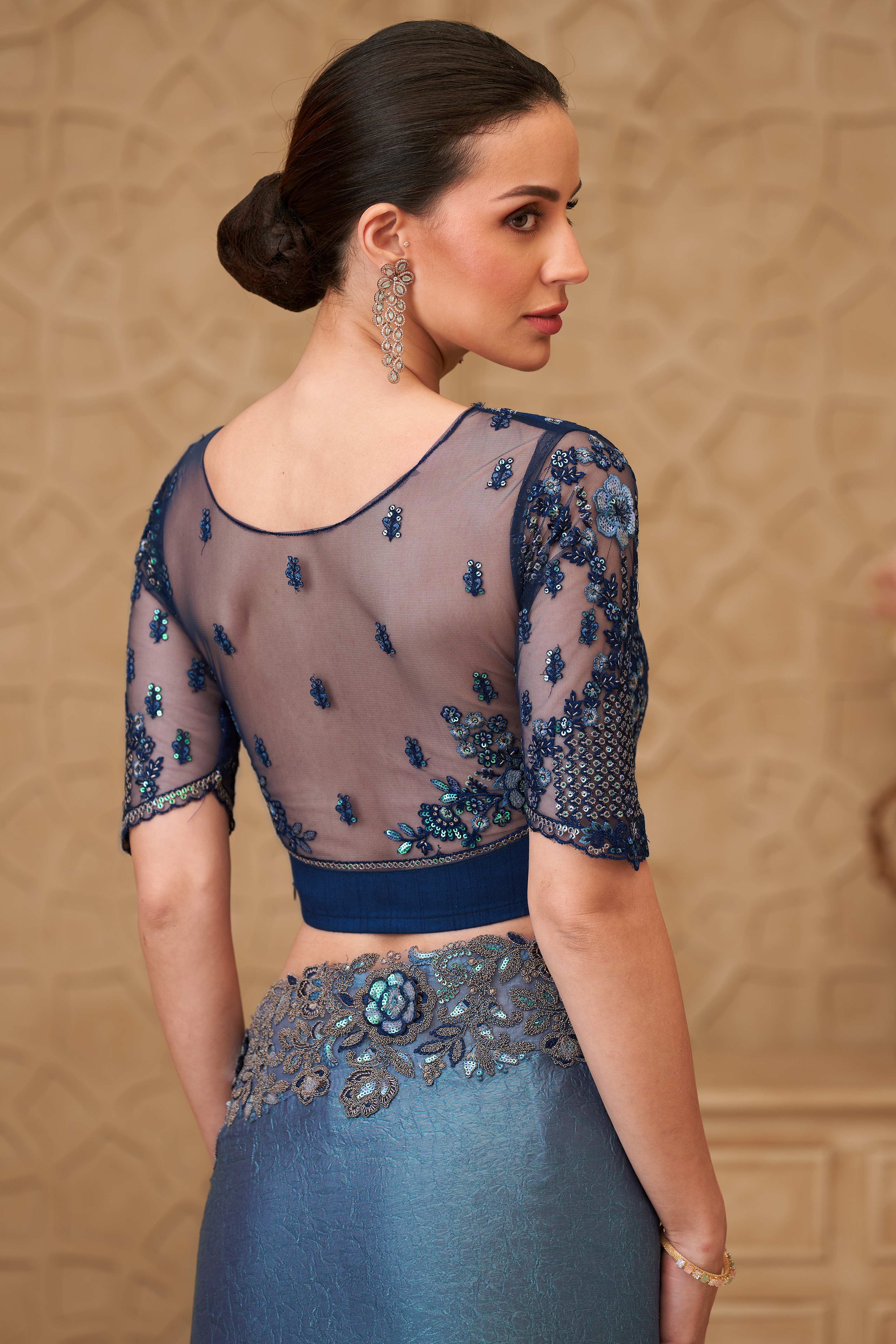Shimmering Bluish Grey Georgette Saree with Graceful Thread Embellishment and Sequins - Image 5