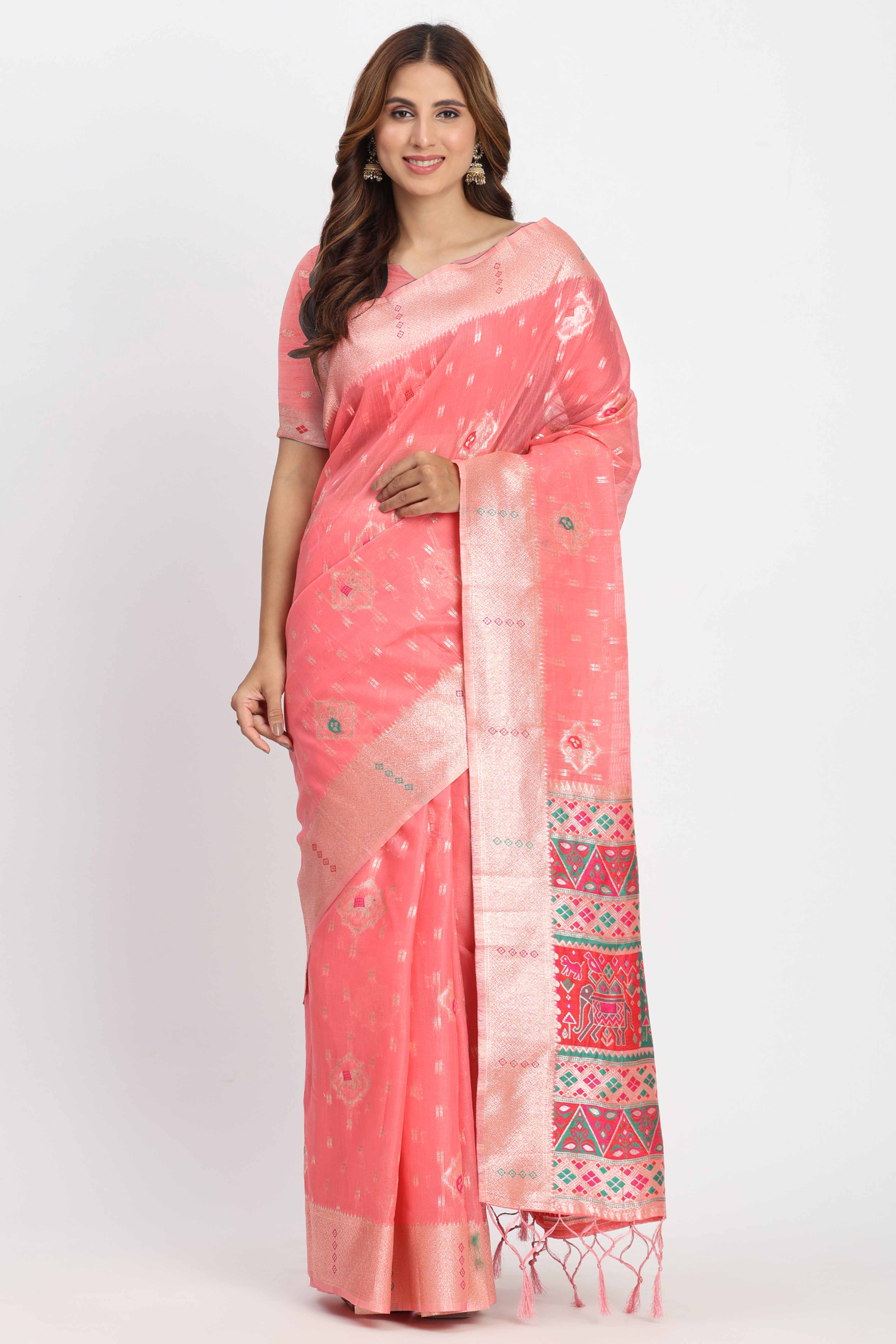 Shimmering Coral Pink  linen Cotton Saree Embellished With Rich Zari Weaving And Tassels Pallu - Image 3