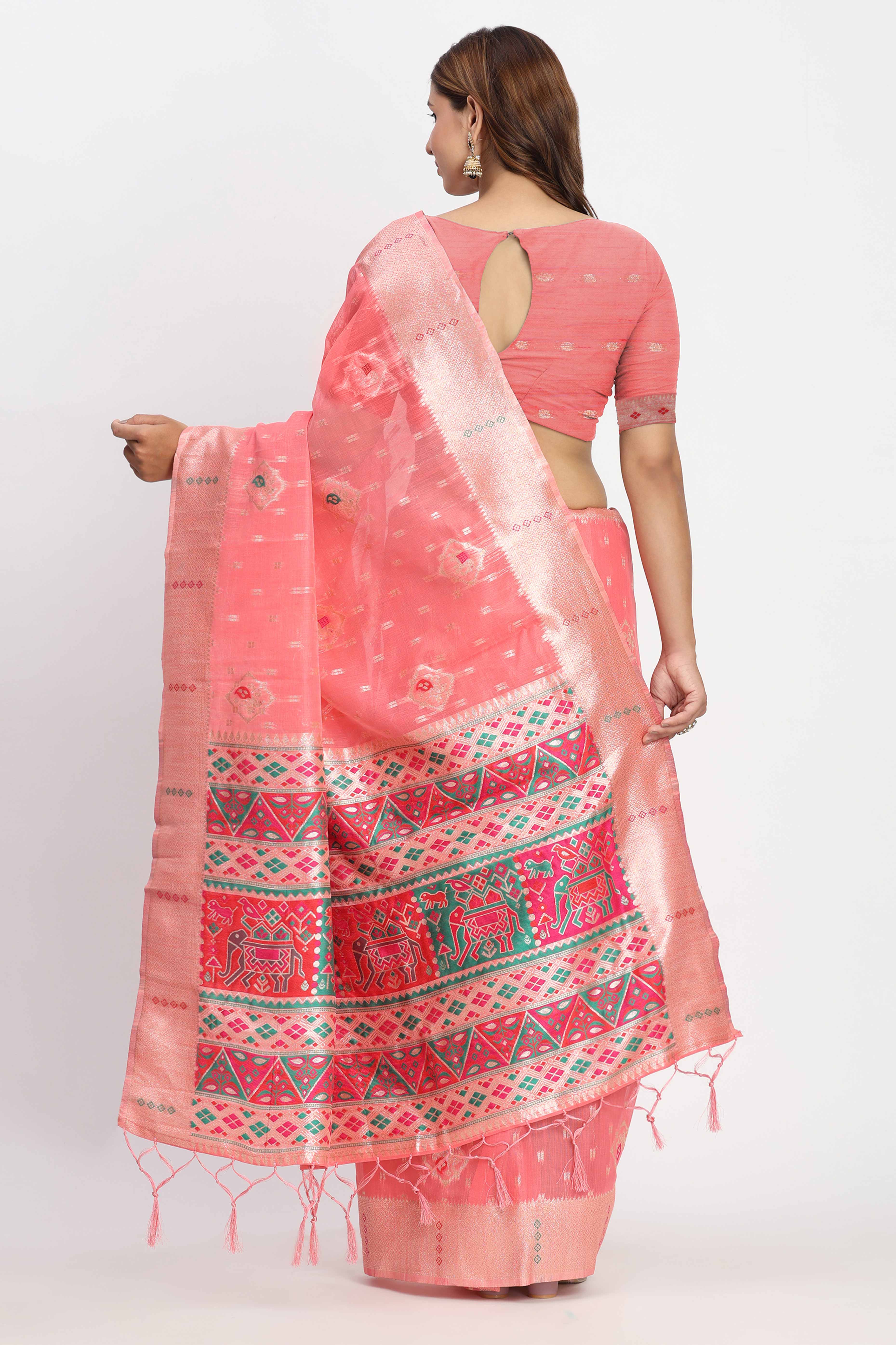 Shimmering Coral Pink  linen Cotton Saree Embellished With Rich Zari Weaving And Tassels Pallu - Image 5