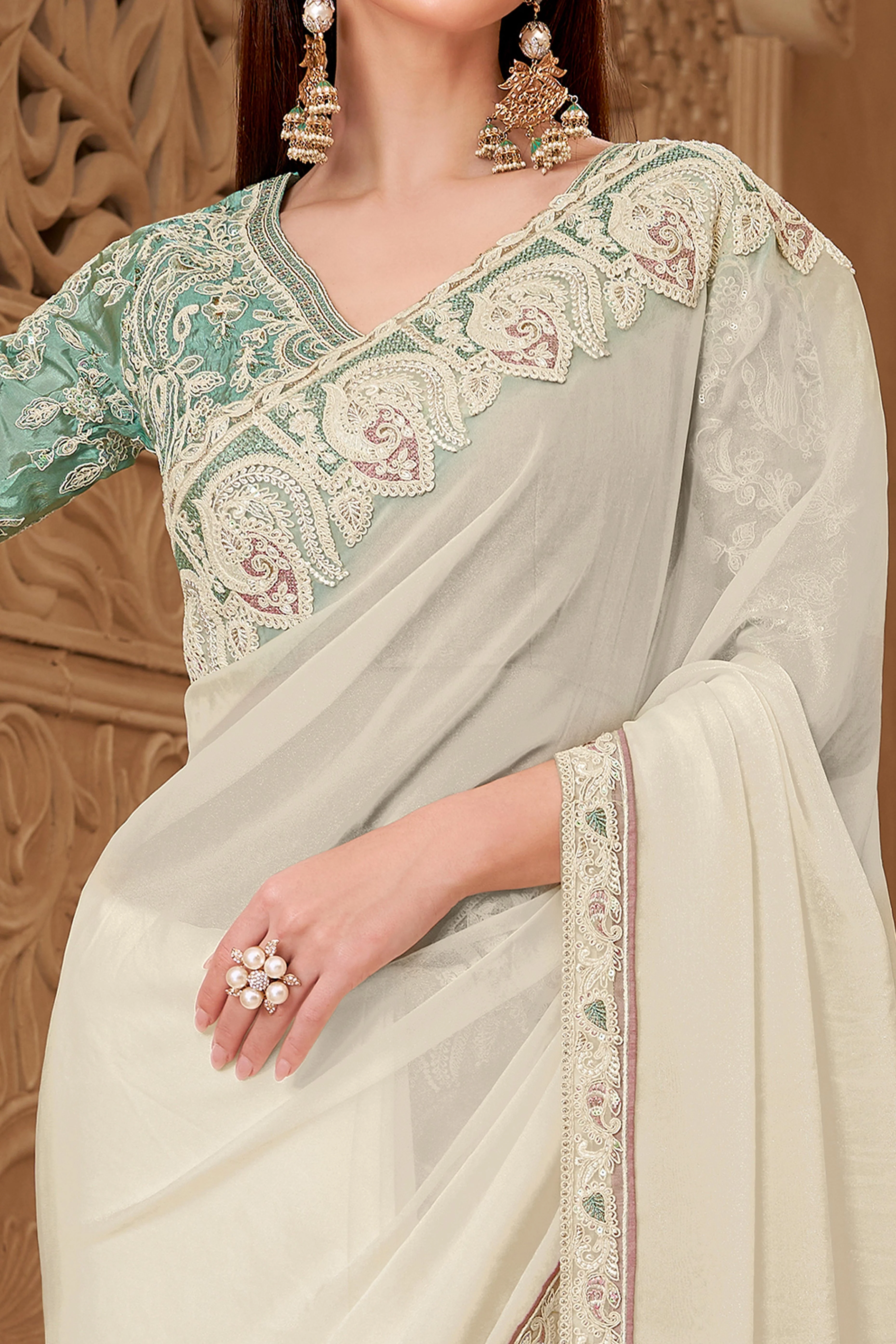 Shimmering Cream Georgette Saree with Graceful Thread Embellishment and Sequins - Image 2